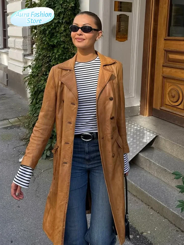 Chic Women Brown Lapel Leather Coats Full Sleeve Single Breasted Pocket Loose Overcoat Lady Autumn Daily Commute Street Jacket
Chic Women Brown Lapel Leather Coats Full Sleeve Single Breasted Pocket Loose Overcoat Lady Autumn Daily Commute Street Jacket