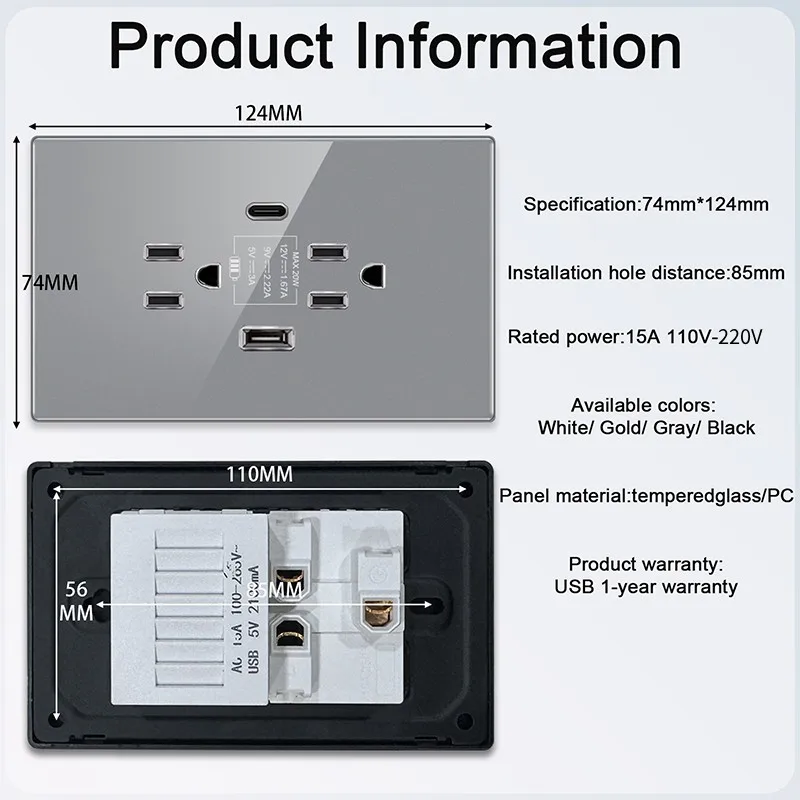 ELEGAN Grey Tempered Glass Panel Mexican Standard 2.1A Type C Fast Charging American USB Socket 124mm*76mm Wall Socket Switch
ELEGAN Grey Tempered Glass Panel Mexican Standard 2.1A Type C Fast Charging American USB Socket 124mm*76mm Wall Socket Switch