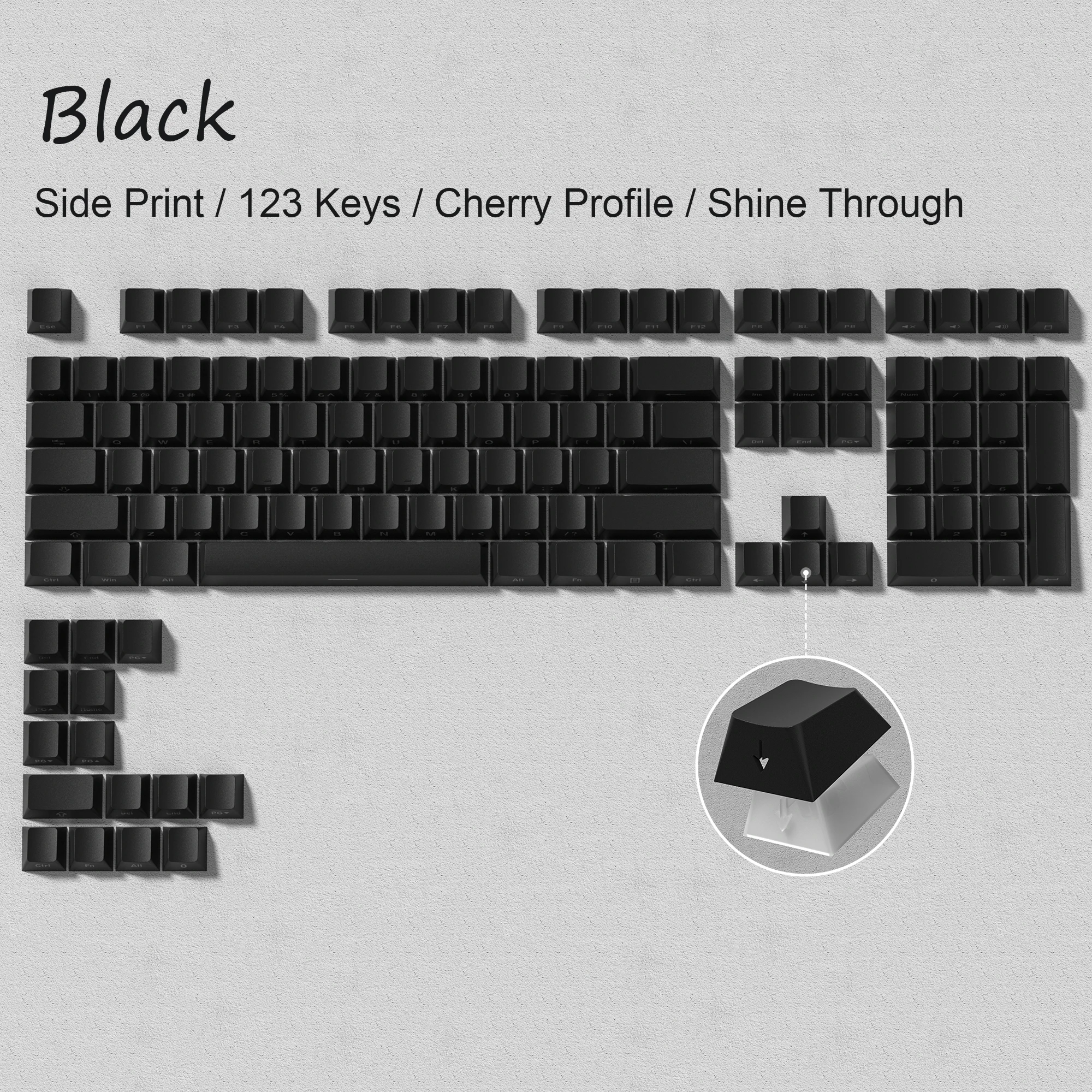 Cherry Profile Black PBT Double Shot Keycaps Side-lit RGB Backlit Keycaps 123 Keys for Cherry MX Switches Mechanical Keyboard
Cherry Profile Black PBT Double Shot Keycaps Side-lit RGB Backlit Keycaps 123 Keys for Cherry MX Switches Mechanical Keyboard