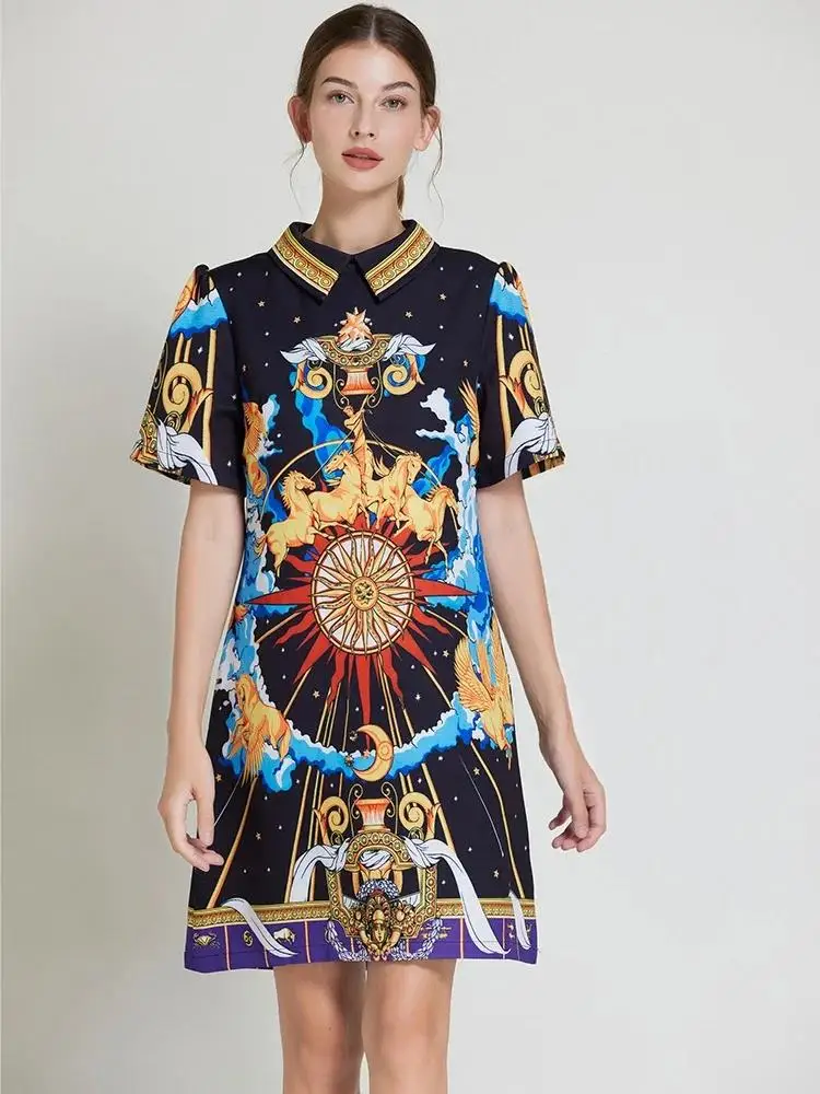 Women's Short Sleeve Turn Down Collar Zipper Party Mini Dress Summer Fashion Baroque Luxury Horse Print Loose A Line Vestidos
Women's Short Sleeve Turn Down Collar Zipper Party Mini Dress Summer Fashion Baroque Luxury Horse Print Loose A Line Vestidos