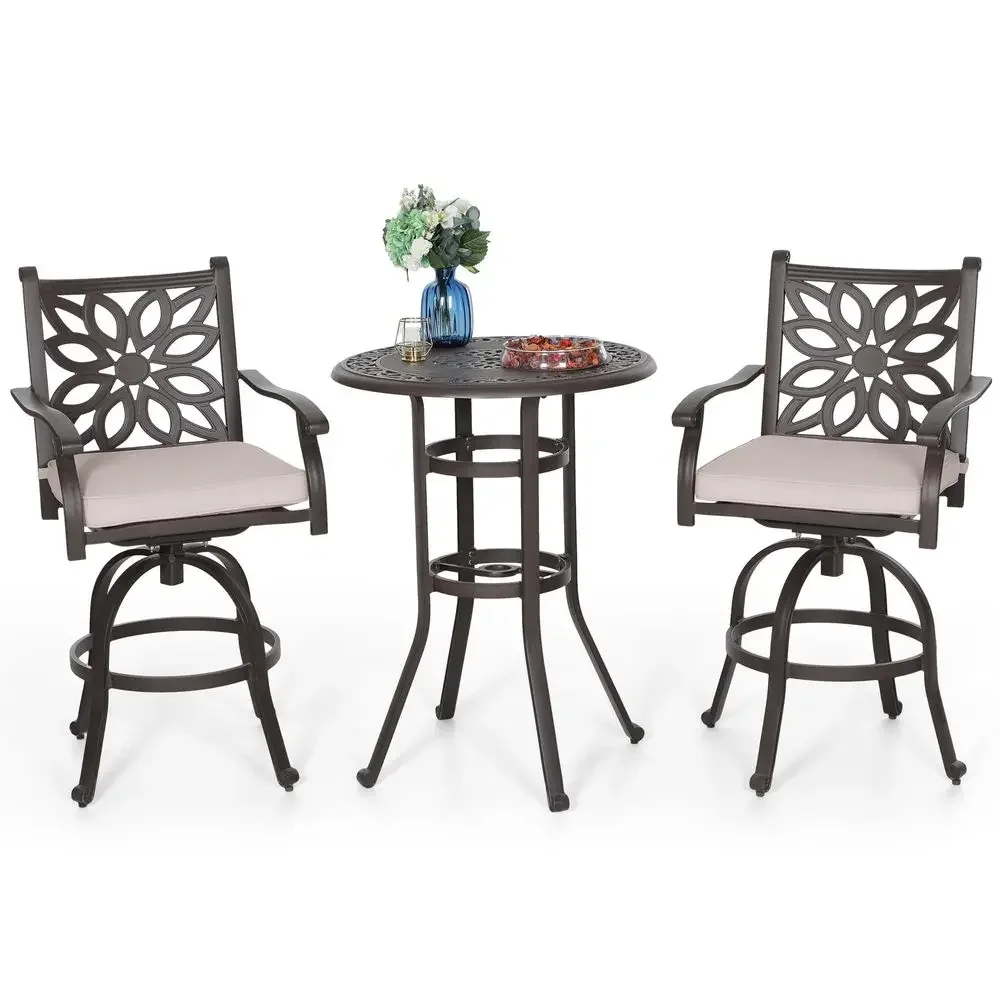 Patio Furniture Set, Brown 3Pcs Cast Aluminum High Top Table and Swivel Bar Stools with Cushion, Pub Bistro Set for Outdoor
Patio Furniture Set, Brown 3Pcs Cast Aluminum High Top Table and Swivel Bar Stools with Cushion, Pub Bistro Set for Outdoor