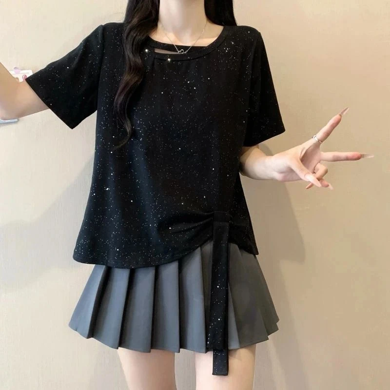 Black Sequin V-Neck Short Sleeve T-Shirt Women's Casual Loose Fit Asymmetric Summer New Style plus Size Fashion Top
Black Sequin V-Neck Short Sleeve T-Shirt Women's Casual Loose Fit Asymmetric Summer New Style plus Size Fashion Top