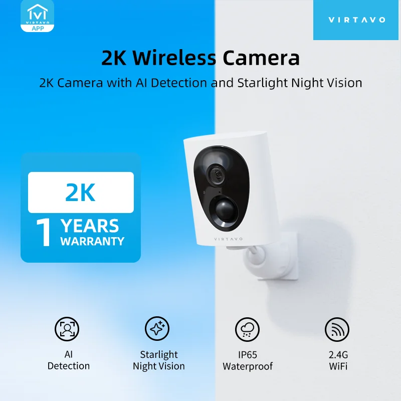 Virtavo VistaFlask 2K Wireless Security Camera, Battery-Powered AI Cam, Night Vision, 2-Way Audio, Weatherproof, Cloud Storage
Virtavo VistaFlask 2K Wireless Security Camera, Battery-Powered AI Cam, Night Vision, 2-Way Audio, Weatherproof, Cloud Storage