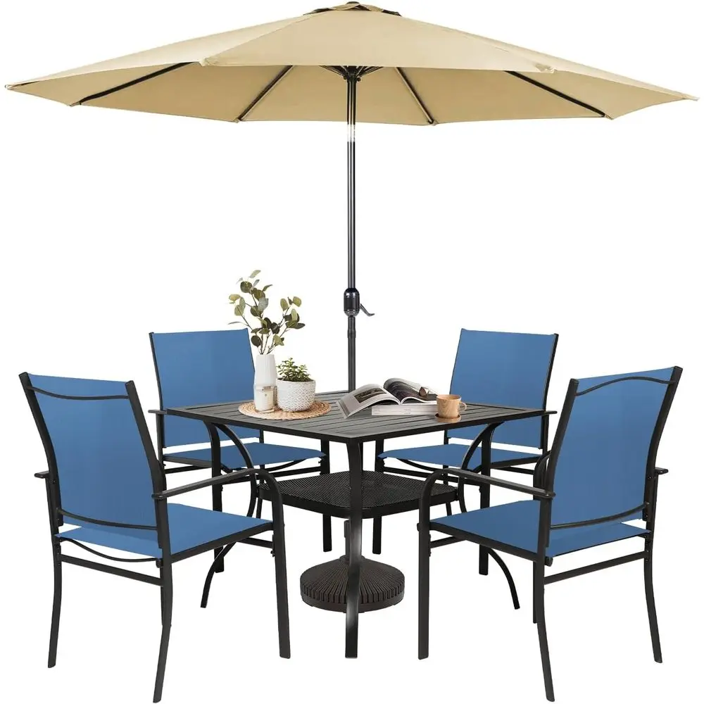 6-Piece Outdoor Dining Set: 4 Textilene Chairs, Metal Bistro Table, Brown Patio Umbrella for Backyard Deck, Blue
6-Piece Outdoor Dining Set: 4 Textilene Chairs, Metal Bistro Table, Brown Patio Umbrella for Backyard Deck, Blue