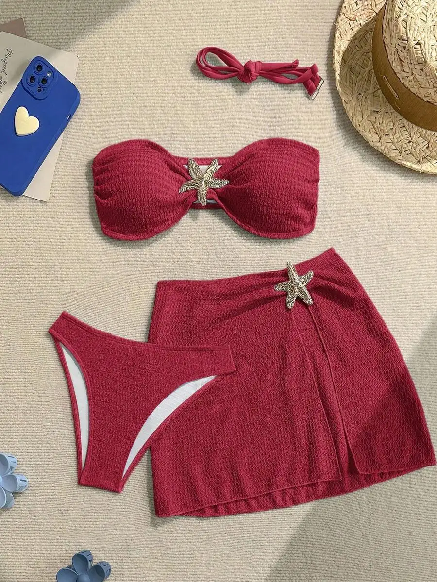Womens Textured Bandeau Bikini Set With Starfish Decor And Cover-Up Skirt
Womens Textured Bandeau Bikini Set With Starfish Decor And Cover-Up Skirt