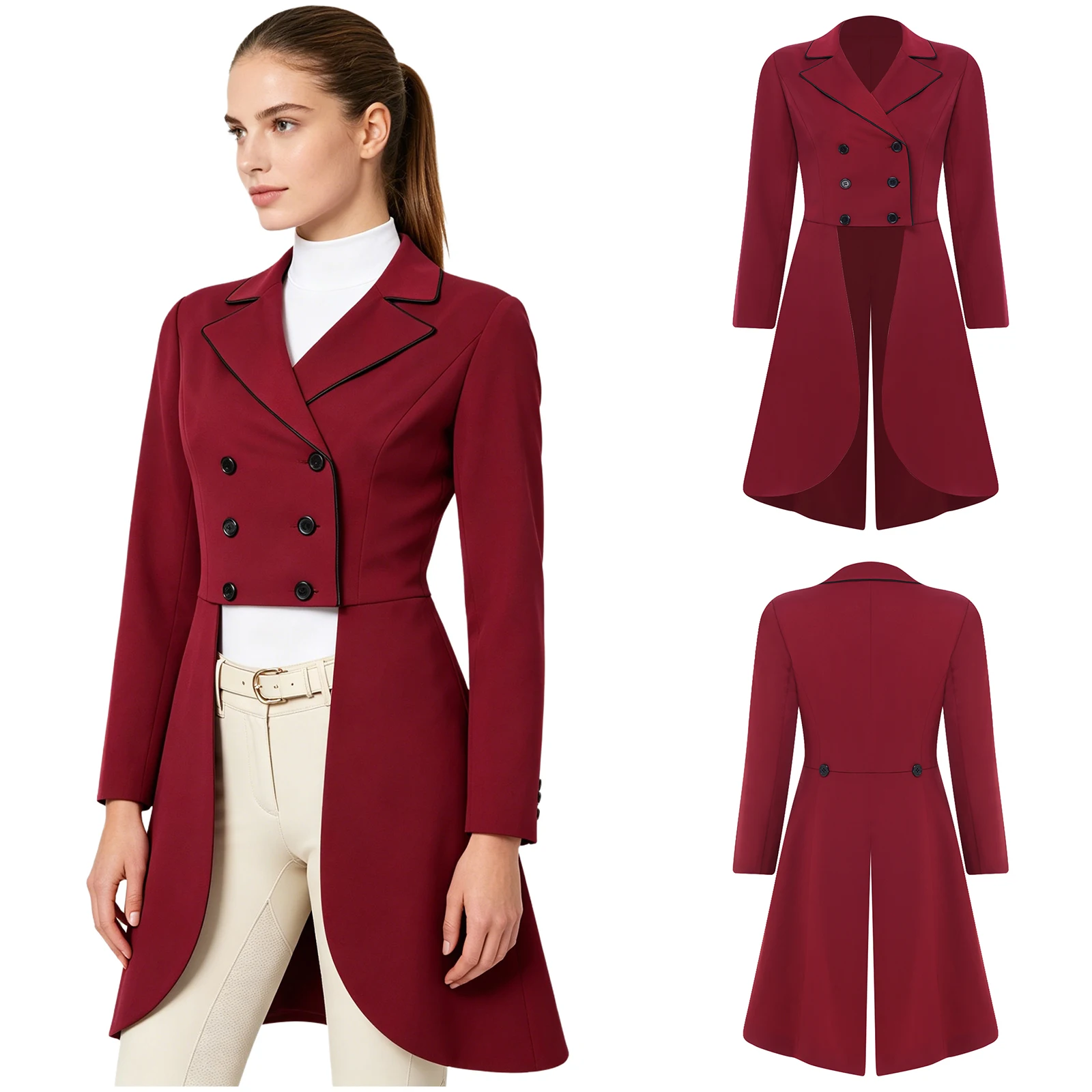 Women Equestrian Dressage Jacket Outerwear Notched Lapel Long Sleeve Double-breasted Horse Riding Tailcoat for Competition Show
Women Equestrian Dressage Jacket Outerwear Notched Lapel Long Sleeve Double-breasted Horse Riding Tailcoat for Competition Show