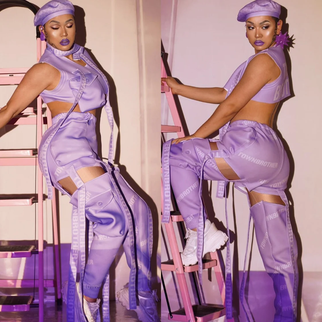 Purple Letter Pattern Bandage Hollow Tops Pants Hat Outfit Sexy Nightclub Female Singer Stage Wear Jazz Hip Hop Dance Costume
Purple Letter Pattern Bandage Hollow Tops Pants Hat Outfit Sexy Nightclub Female Singer Stage Wear Jazz Hip Hop Dance Costume