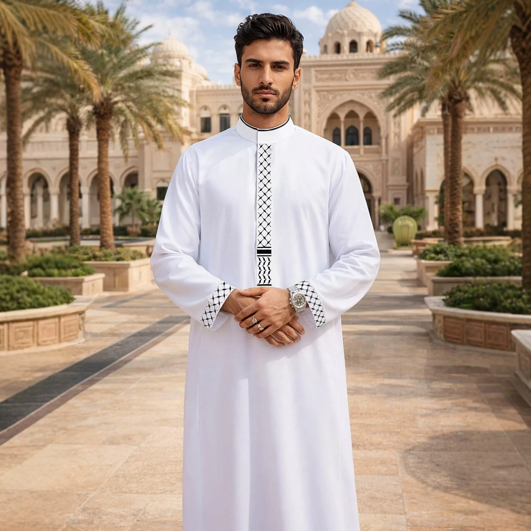 New Men's White Loose-fitting Embroidered Casual Stand-up Collar Style Long Dress Robe Abaya Ramadan Dubai Luxury Islam Elegant
New Men's White Loose-fitting Embroidered Casual Stand-up Collar Style Long Dress Robe Abaya Ramadan Dubai Luxury Islam Elegant