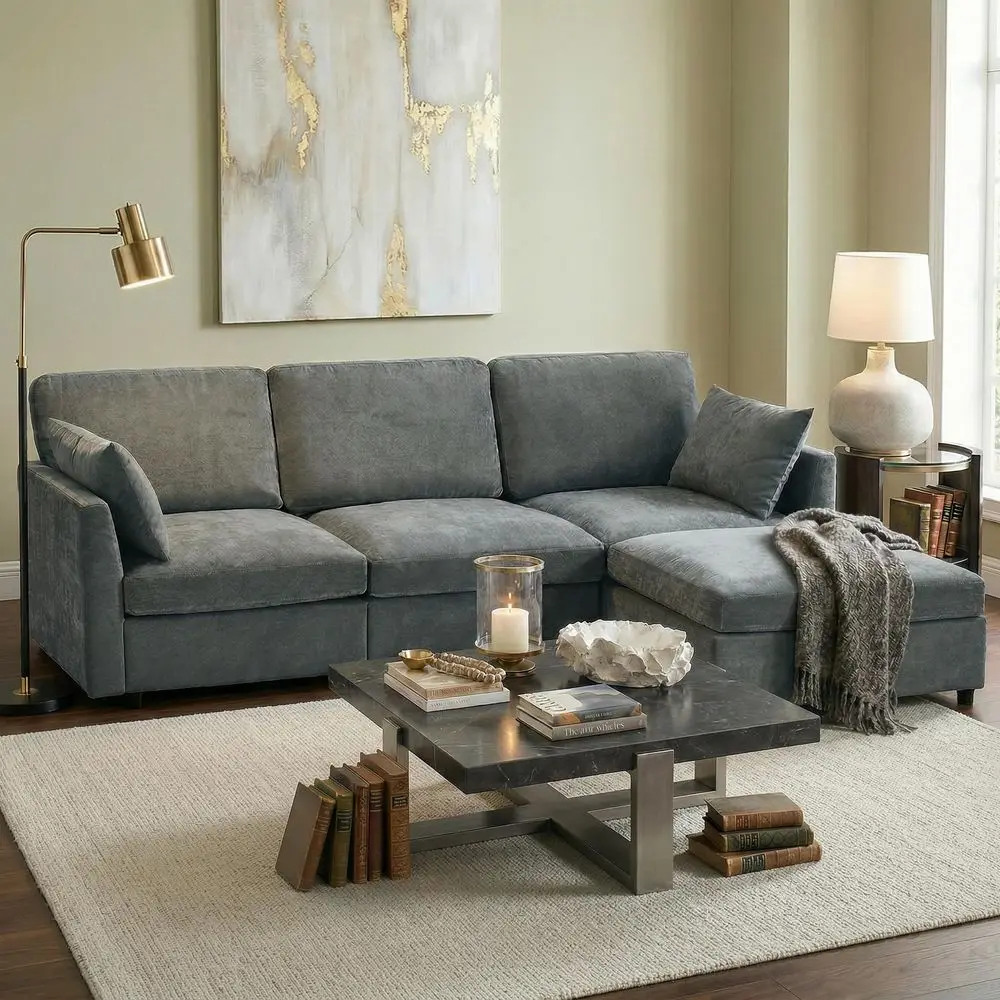 Sectional Couch for Living Room, Comfy L Shaped Convertible Sofa, 4 Seater Modern Chenille Sofa with Ottoman, Grey Movable, Bal
Sectional Couch for Living Room, Comfy L Shaped Convertible Sofa, 4 Seater Modern Chenille Sofa with Ottoman, Grey Movable, Bal