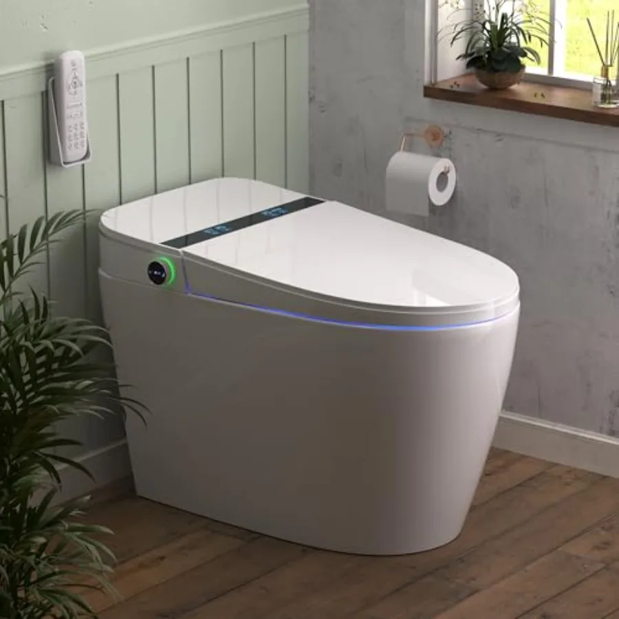 Smart toilet with built-in bidet for home use, ceramic material, white color, heated seat and warm water wash/dry functions
Smart toilet with built-in bidet for home use, ceramic material, white color, heated seat and warm water wash/dry functions