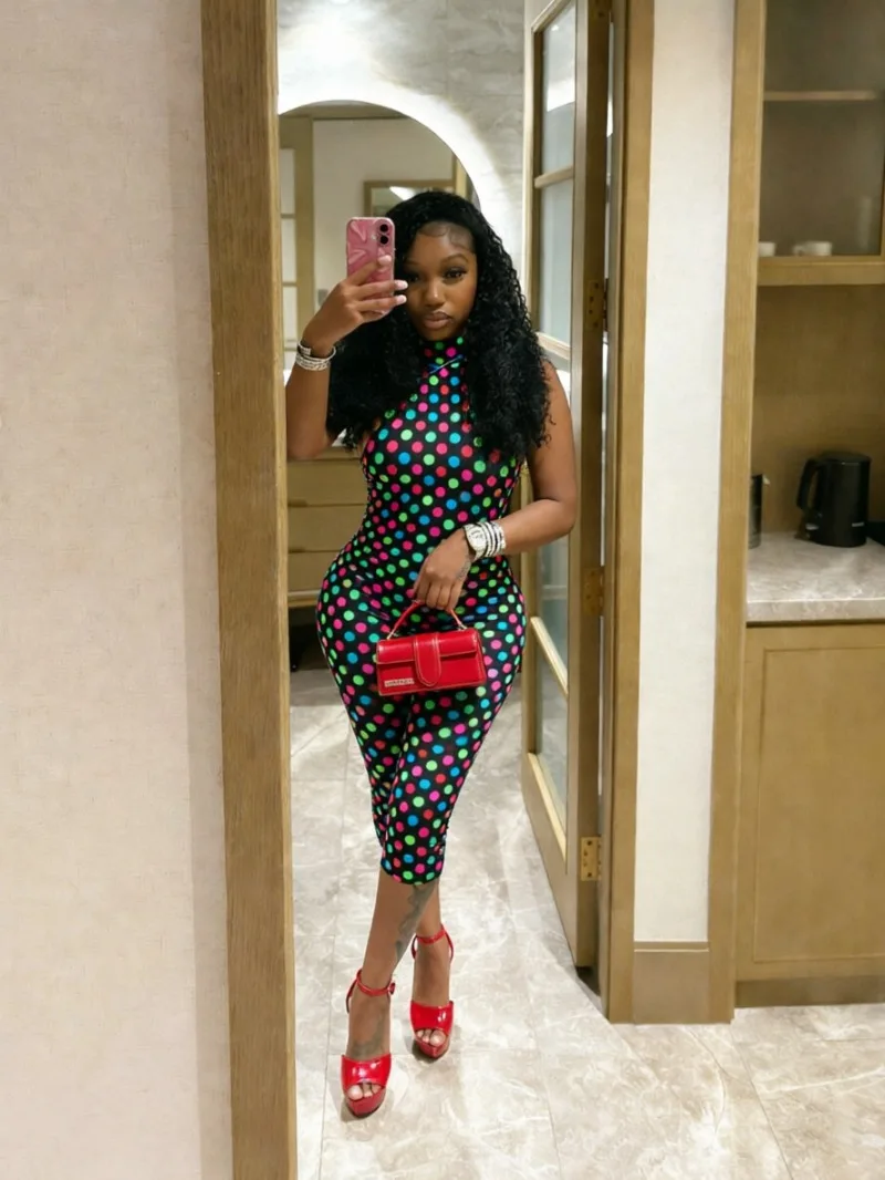 KEXU New Summer Polka Dot Printed Rompers&Playsuits Elastic Hanging Neck Open Back Slim Fit Short Jumpsuit
KEXU New Summer Polka Dot Printed Rompers&Playsuits Elastic Hanging Neck Open Back Slim Fit Short Jumpsuit