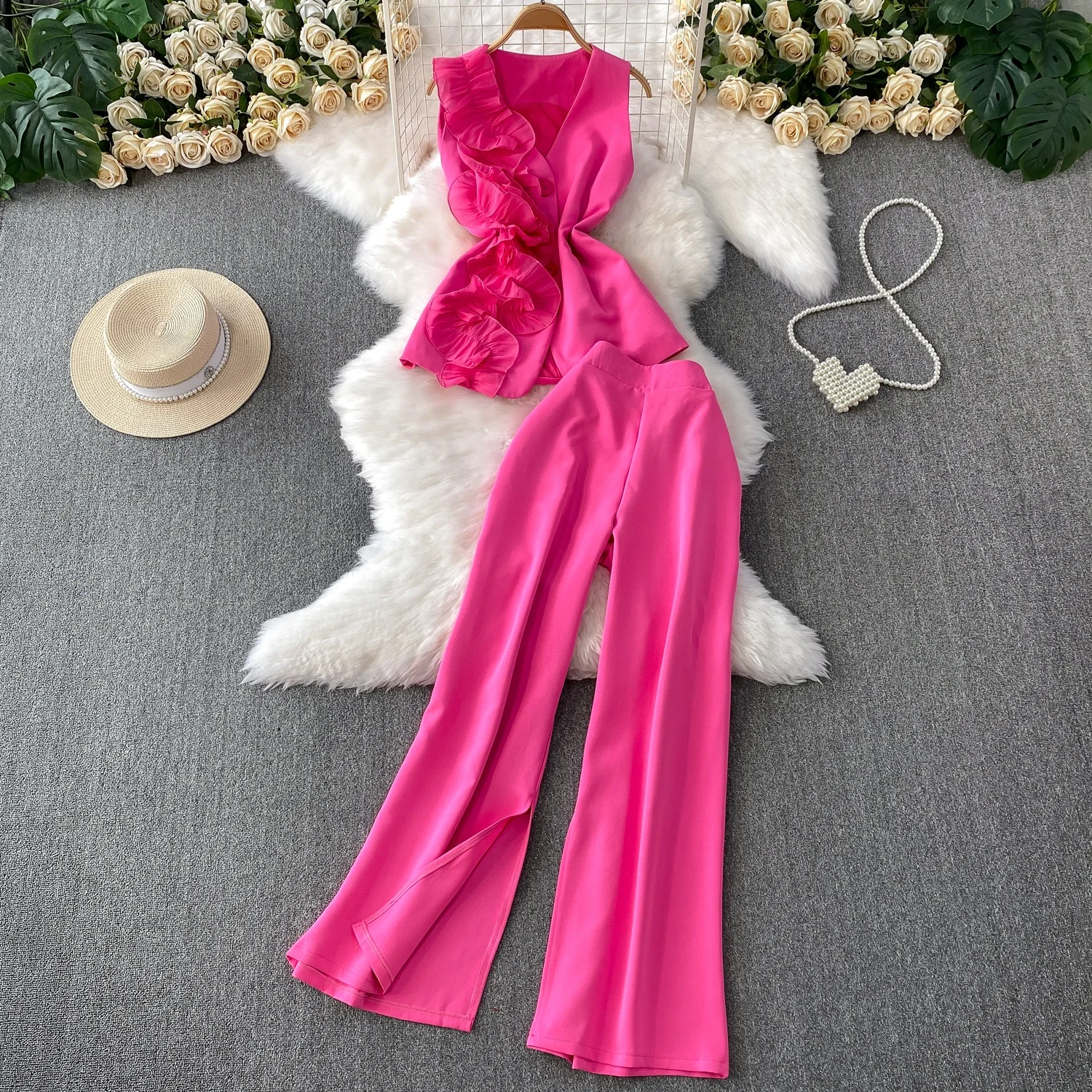 Clothland Stylish Flower Ruffle Jacket Pants Suit Sleeveless Vest Waistcoat Split Long Trousers Office Wear Two Piece Set TA598
Clothland Stylish Flower Ruffle Jacket Pants Suit Sleeveless Vest Waistcoat Split Long Trousers Office Wear Two Piece Set TA598