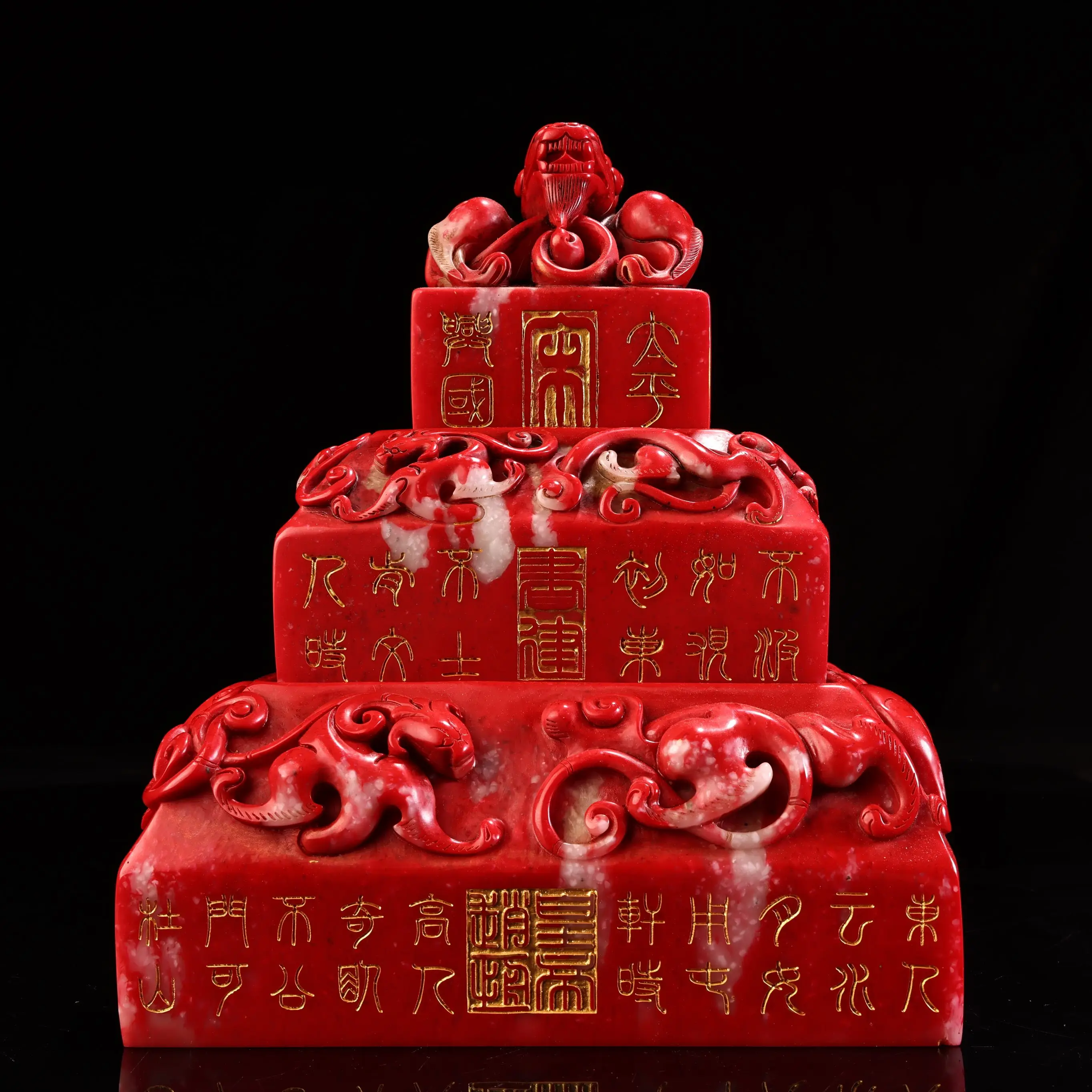 10"Tibetan Temple Collection Old Bloodstone Engrave Dragon Seal Pixiu texture Three layer Seal Amass wealth Ornaments Town house
10"Tibetan Temple Collection Old Bloodstone Engrave Dragon Seal Pixiu texture Three layer Seal Amass wealth Ornaments Town house