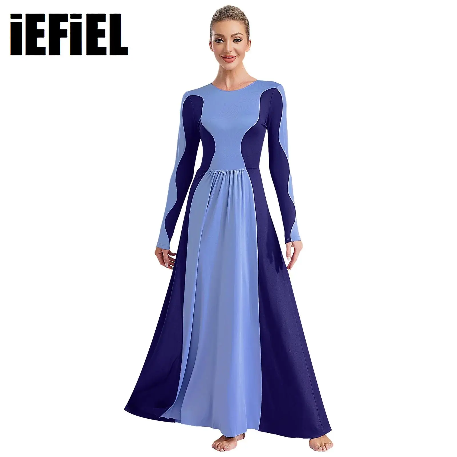 Womens Liturgical Worship Dance Dress Choir Performance Costume Round Neck Long Sleeve Color Block Patchwork Dance Dress
Womens Liturgical Worship Dance Dress Choir Performance Costume Round Neck Long Sleeve Color Block Patchwork Dance Dress