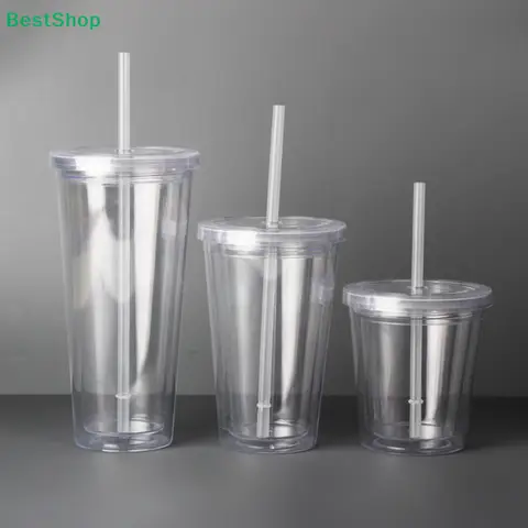 ♥Double-Wall Acrylic Tumbler with Straw and Lid - Reusable Clear Plastic Cups for Iced Coffee, Smoothies and Water