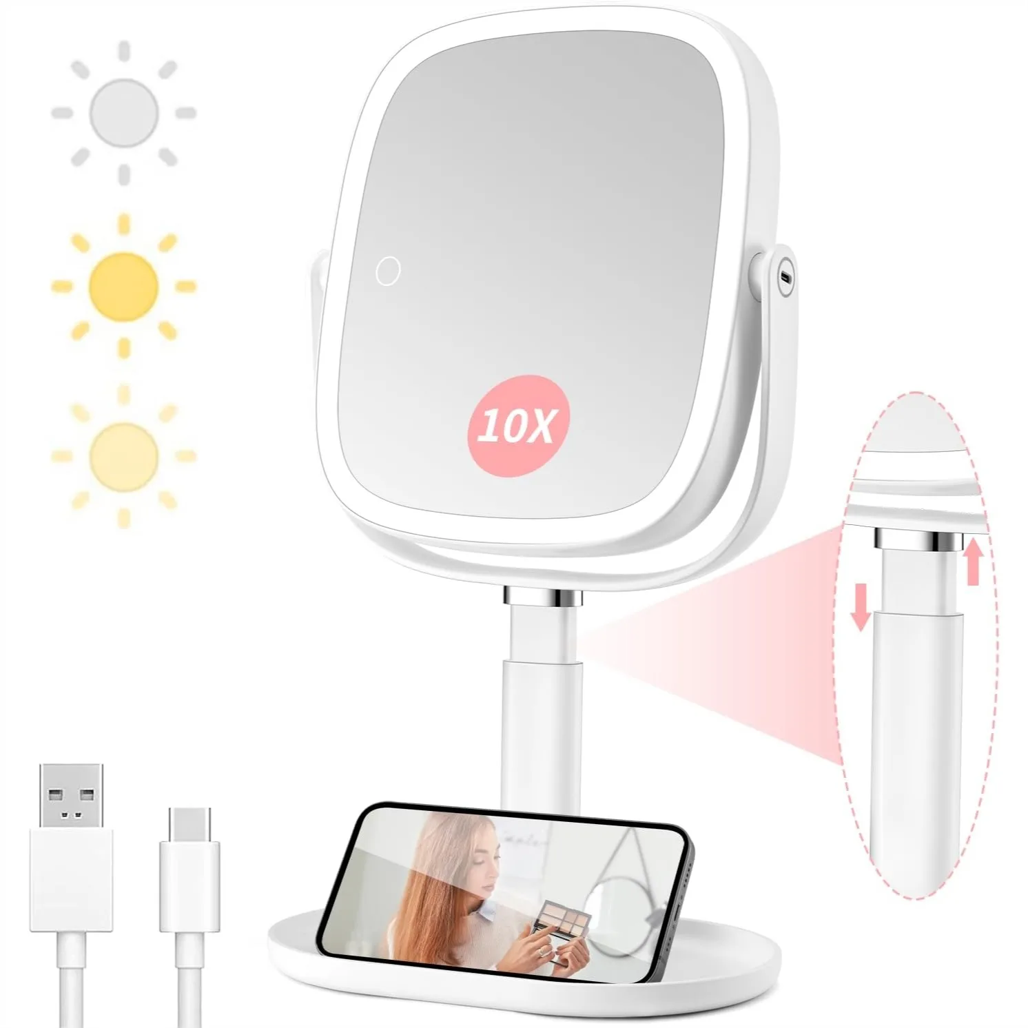 Lighted Makeup Mirror With Magnification 1x 10x Rechargeable Height Adjustable Vanity Mirror With 3 Color Lights Double Sided 360 Degree Rotation Memory Function
Lighted Makeup Mirror With Magnification 1x 10x Rechargeable Height Adjustable Vanity Mirror With 3 Color Lights Double Sided 360 Degree Rotation Memory Function