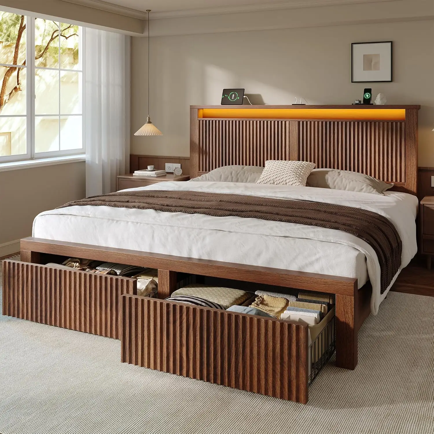 Homkdom Queen Bed Frame with LED Lights,Mid-Century Modern Luxury Wooden Wavy Panel Headboard,Charging Station& 2 Storage Drawer
Homkdom Queen Bed Frame with LED Lights,Mid-Century Modern Luxury Wooden Wavy Panel Headboard,Charging Station& 2 Storage Drawer