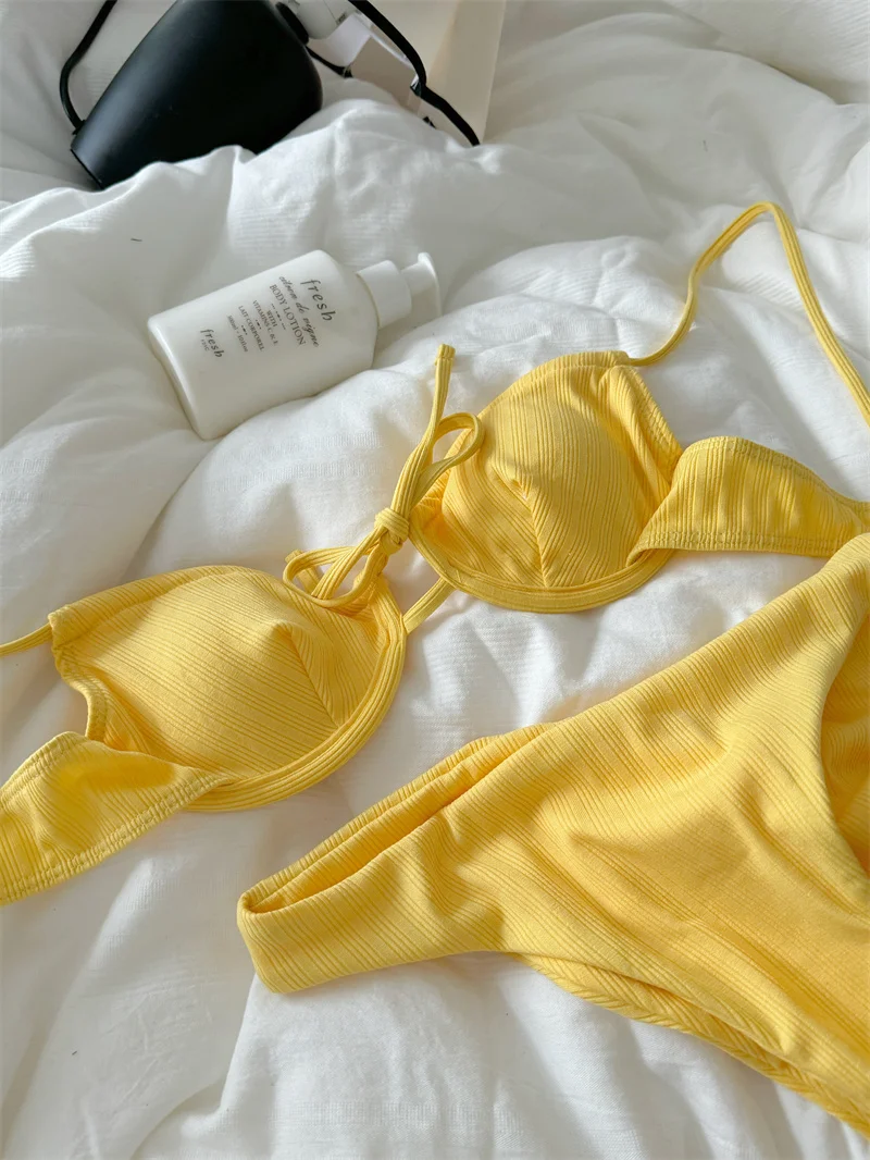 Swimsuit Bikini Split Girls Striped Yellow Lingerie With Breifs Suit Vintage Slim Tie Vacation Style Summer Underwear Swimwear 
Swimsuit Bikini Split Girls Striped Yellow Lingerie With Breifs Suit Vintage Slim Tie Vacation Style Summer Underwear Swimwear