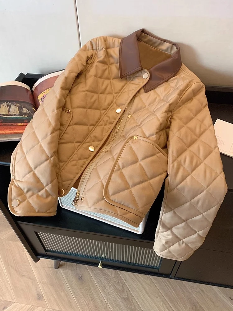 Retro Solid Jacket Women 2024 Khaki Color Patchwork Leather Lapel Diamond Lattice Cotton Coat Female Autumn Winter Warm Coats
Retro Solid Jacket Women 2024 Khaki Color Patchwork Leather Lapel Diamond Lattice Cotton Coat Female Autumn Winter Warm Coats