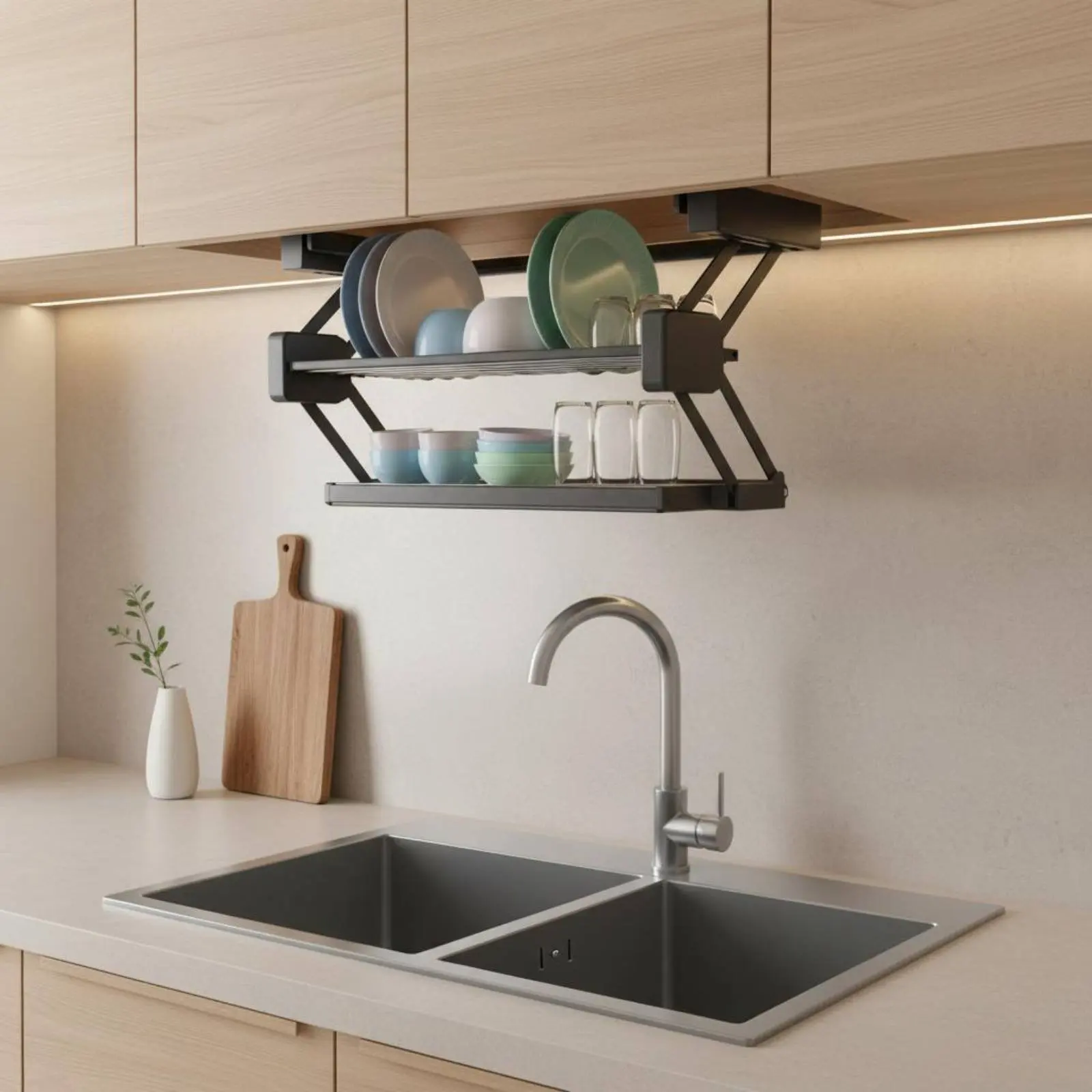 Pull-down Shelf Foldable Drop down Rack Folding Storage Rack Double Layer Sliding Shelf 2-Tier for Kitchen