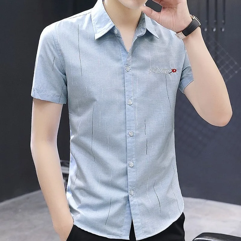 Mens Lapel Collar Vertical Line Embroidery Chest Pocket Slim Fit Short Sleeve Button Shirt
Mens Lapel Collar Vertical Line Embroidery Chest Pocket Slim Fit Short Sleeve Button Shirt