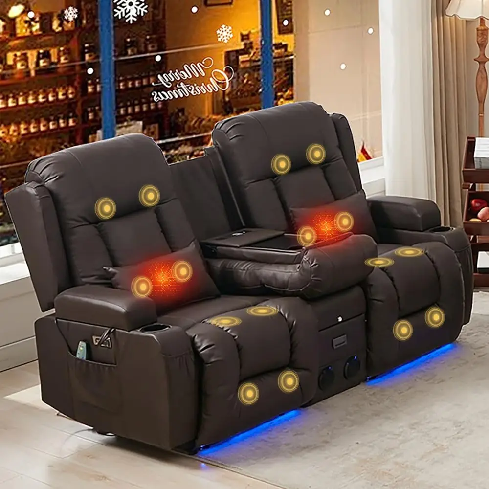 Двухместный коричневый диван-реклайнер для домашнего кинотеатра с LED-подсветкой, портами AC/USB, подстаканниками, электрическим управлением, Bluetooth-колонкой и функцией массажа
Двухместный коричневый диван-реклайнер для домашнего кинотеатра с LED-подсветкой, портами AC/USB, подстаканниками, электрическим управлением, Bluetooth-колонкой и функцией массажа