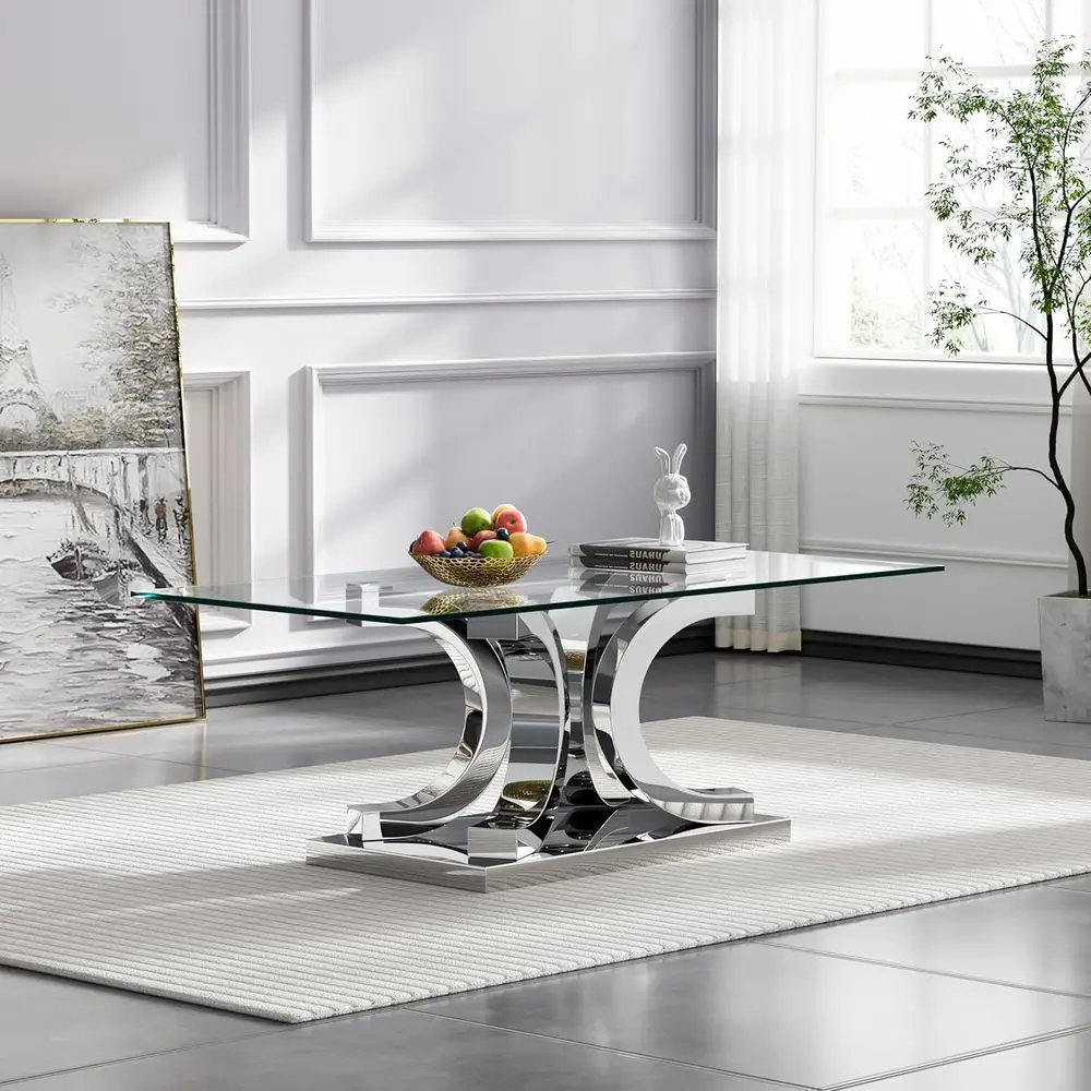Modern Rectangular Glass Cocktail Table with Tempered Glass Top and Silver Stainless Steel Base for Living Room and Apartments
Modern Rectangular Glass Cocktail Table with Tempered Glass Top and Silver Stainless Steel Base for Living Room and Apartments