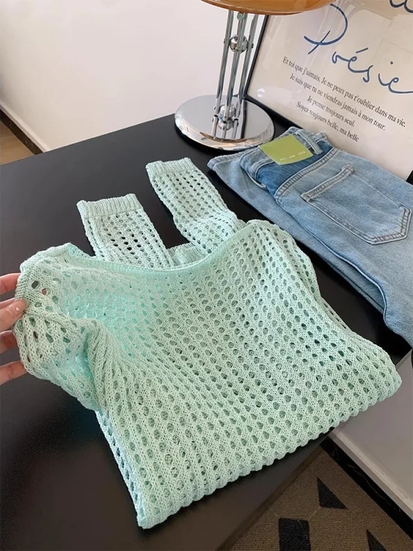 Mint Green Hollow out Ice Silk Knitted Top Women's Spring Summer New Grid Sun Protection Loose Fit Long Sleeve round Neck
Mint Green Hollow out Ice Silk Knitted Top Women's Spring Summer New Grid Sun Protection Loose Fit Long Sleeve round Neck