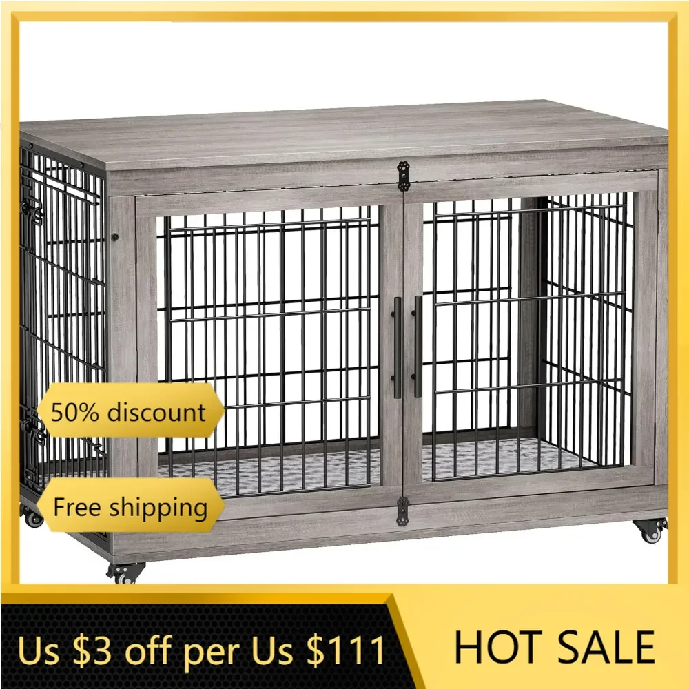 Indoor Double Doors Dog Cage, 44'' Heavy Duty Dog Crate with Cushion & Wheels, Decorative End Table Pet House Chew-Resistant
Indoor Double Doors Dog Cage, 44'' Heavy Duty Dog Crate with Cushion & Wheels, Decorative End Table Pet House Chew-Resistant