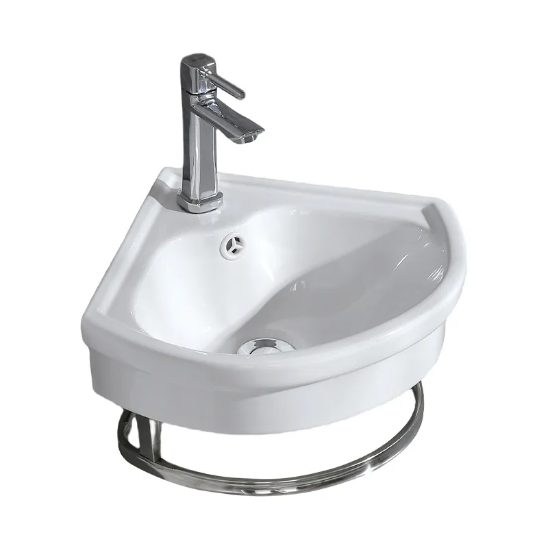 Simple ceramic corner sink for small spaces with hanging stainless steel brackets for bathrooms in hotels or villas
Simple ceramic corner sink for small spaces with hanging stainless steel brackets for bathrooms in hotels or villas