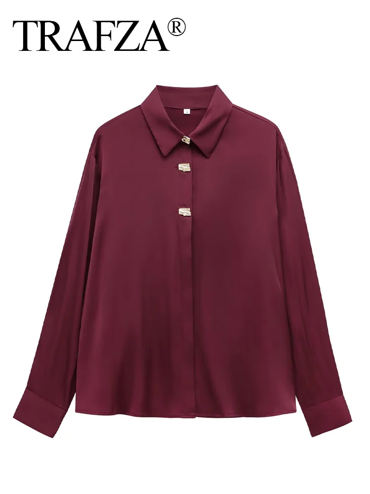 TRAFZA Women Spring Burgundy Gold Button Decorated Silk Satin Textured Shirt Female Elegant Lapel High Street Solid Casual Shirt
TRAFZA Women Spring Burgundy Gold Button Decorated Silk Satin Textured Shirt Female Elegant Lapel High Street Solid Casual Shirt