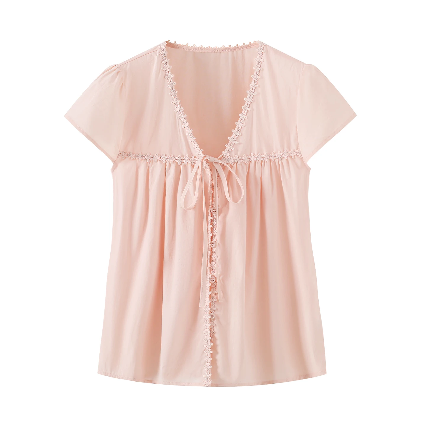 Pink Scalloped Lace Trim V Neck Tie Front Blouse Women Puff Short Sleeve Empire Waist Loose Babydoll Casual Tops
Pink Scalloped Lace Trim V Neck Tie Front Blouse Women Puff Short Sleeve Empire Waist Loose Babydoll Casual Tops