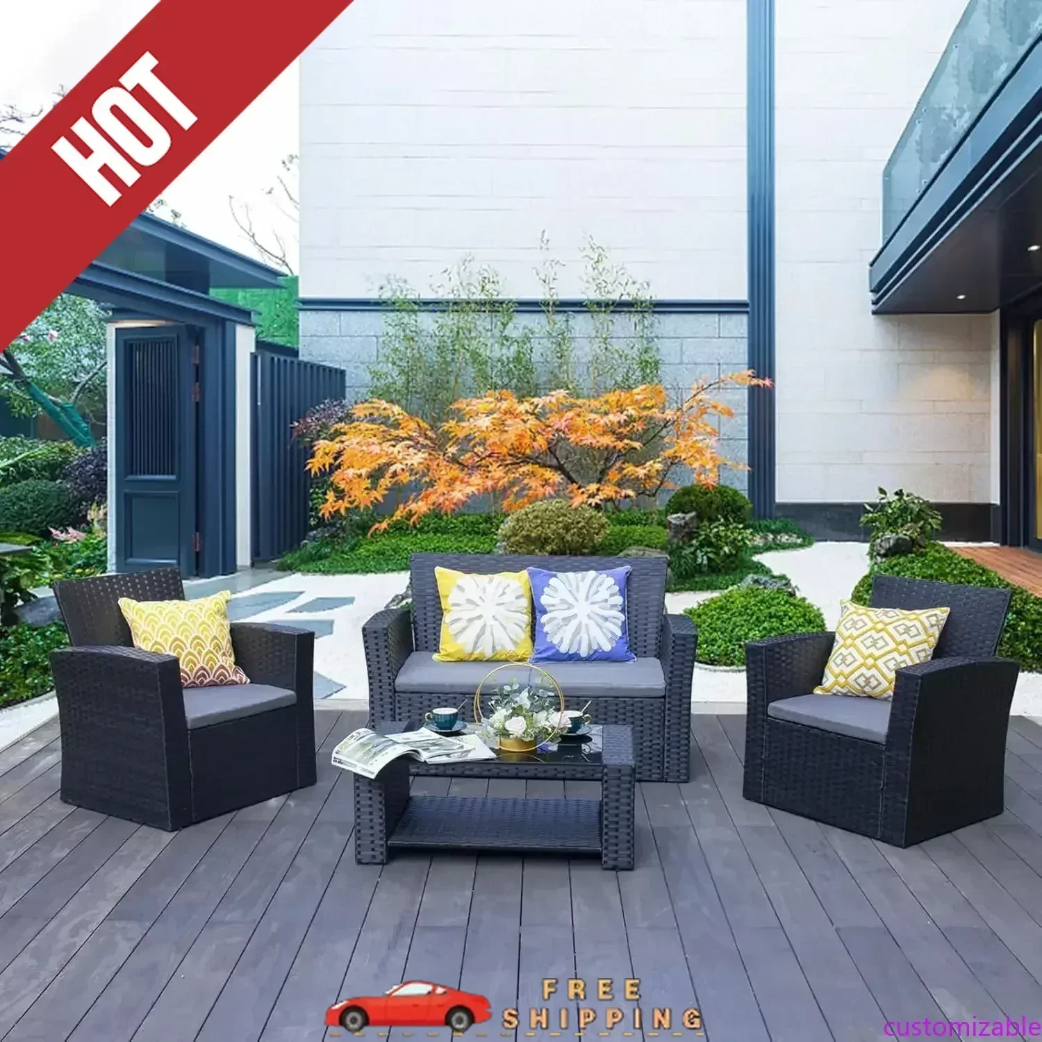 Хит продаж: Настраиваемый комплект садовой мебели из 4 предметов с подушками, плетеный из ротанга (ПЭ), черный, полный набор
Хит продаж: Настраиваемый комплект садовой мебели из 4 предметов с подушками, плетеный из ротанга (ПЭ), черный, полный набор