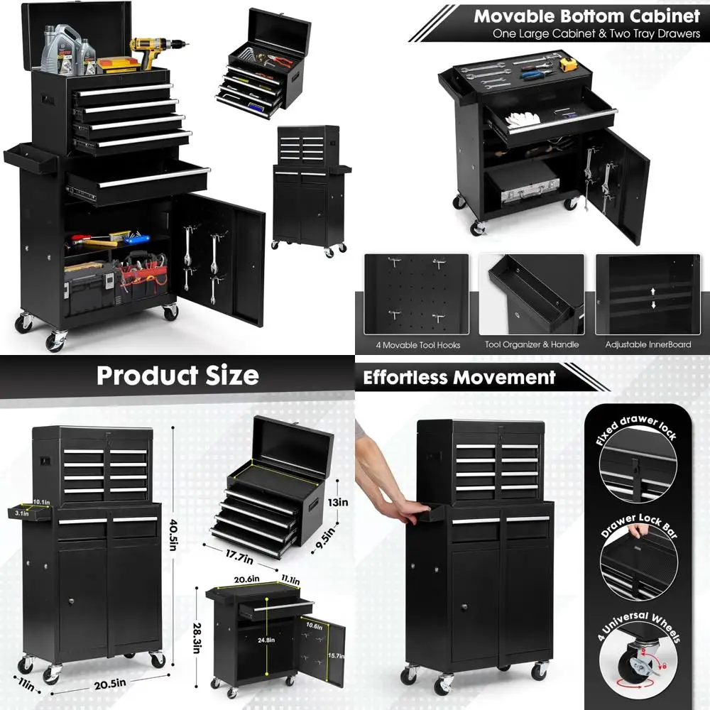 Heavy-Duty Metal Rolling Tool Chest with 5 Drawers, Detachable Box, Lockable Wheels, Hooks, and Liner - Garage Storage Solution
Heavy-Duty Metal Rolling Tool Chest with 5 Drawers, Detachable Box, Lockable Wheels, Hooks, and Liner - Garage Storage Solution