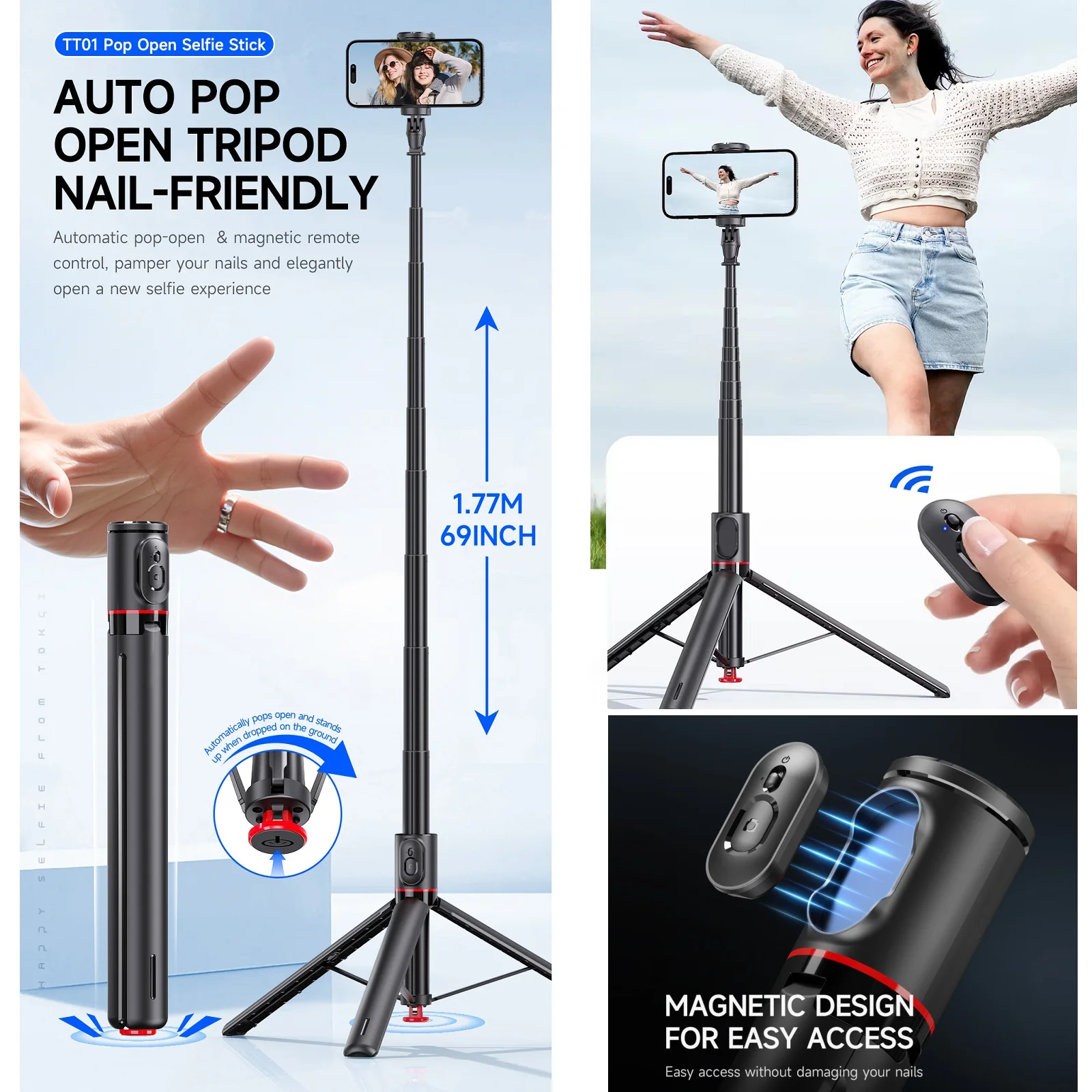 Automatic Pop-Up Selfie Stick Tripod TT01 Aluminum Alloy Extension Rod with Magnetic Remote Travel Portable Floor Phone Holder
Automatic Pop-Up Selfie Stick Tripod TT01 Aluminum Alloy Extension Rod with Magnetic Remote Travel Portable Floor Phone Holder