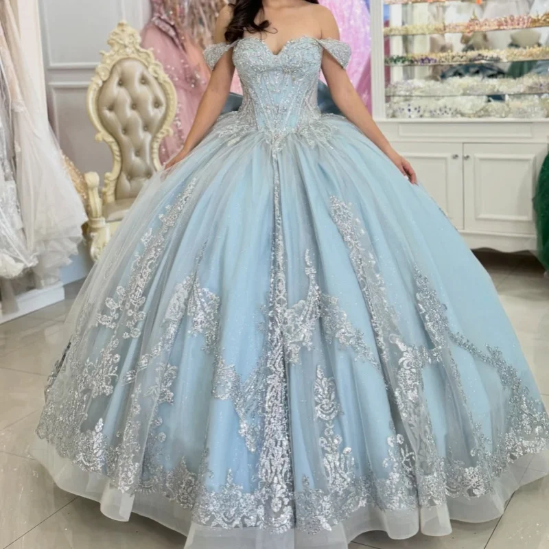Light Blue Quinceanera Dresses Off the Shoulder Glitter Decal Long tail Big Bow Vestido De 15 Quinceanera Customize
Light Blue Quinceanera Dresses Off the Shoulder Glitter Decal Long tail Big Bow Vestido De 15 Quinceanera Customize