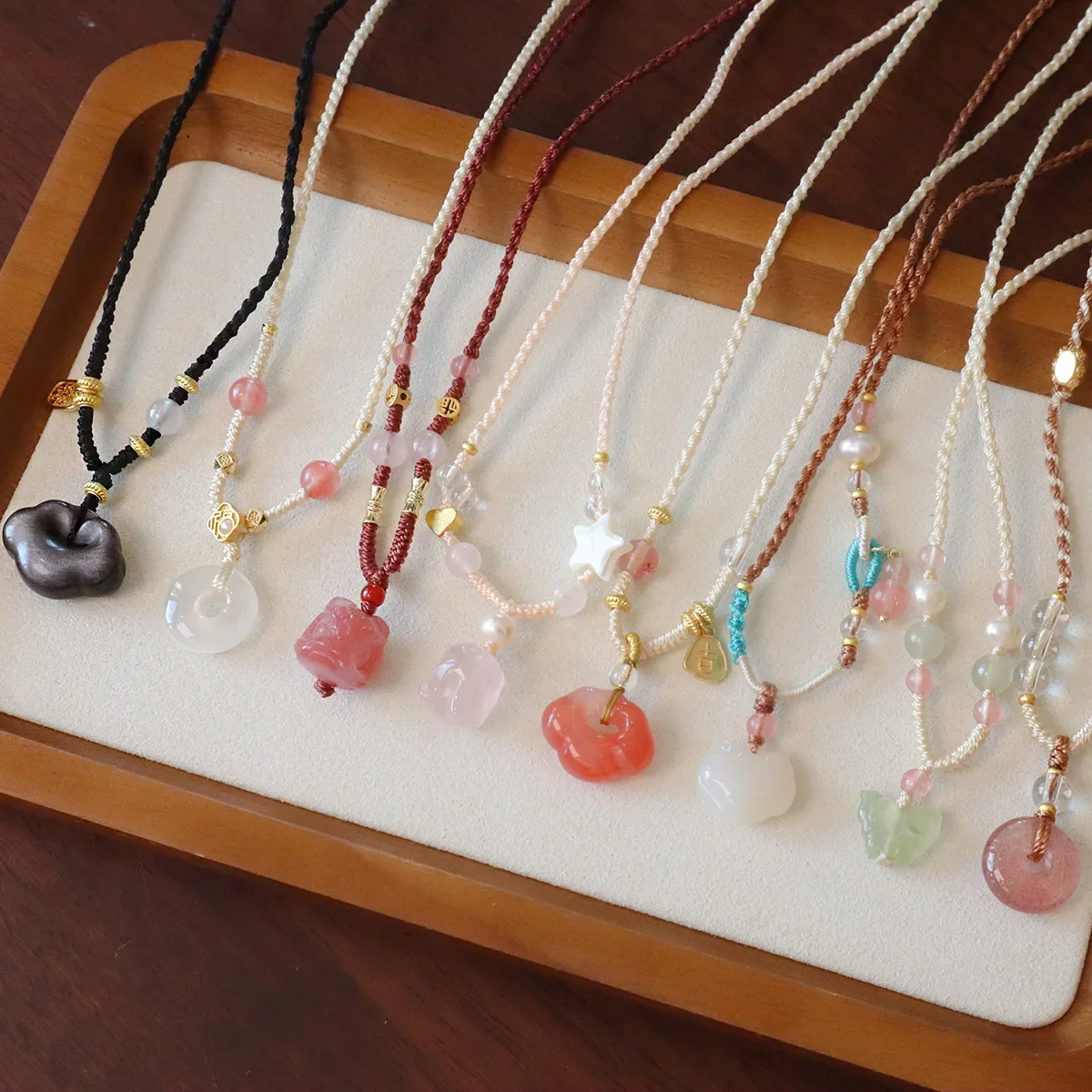 Elegant Natural Chalcedony Strawberry Quartz Peace Button & Ruyi Lock Braided Necklace for Women Energy with Luck, Love, Safety
Elegant Natural Chalcedony Strawberry Quartz Peace Button & Ruyi Lock Braided Necklace for Women Energy with Luck, Love, Safety