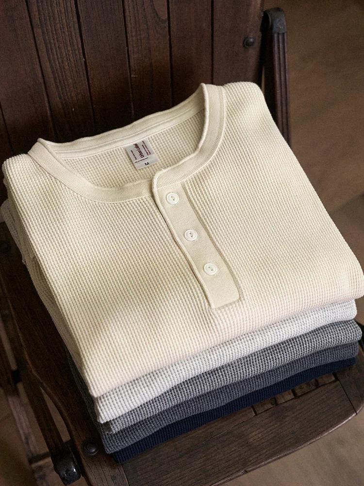 American Retro Henry Collar 320G Heavyweight Long Sve T-irt Men Pure Cotton Autumn Khaki Wfle Pattern Color Base JJ139
American Retro Henry Collar 320G Heavyweight Long Sve T-irt Men Pure Cotton Autumn Khaki Wfle Pattern Color Base JJ139