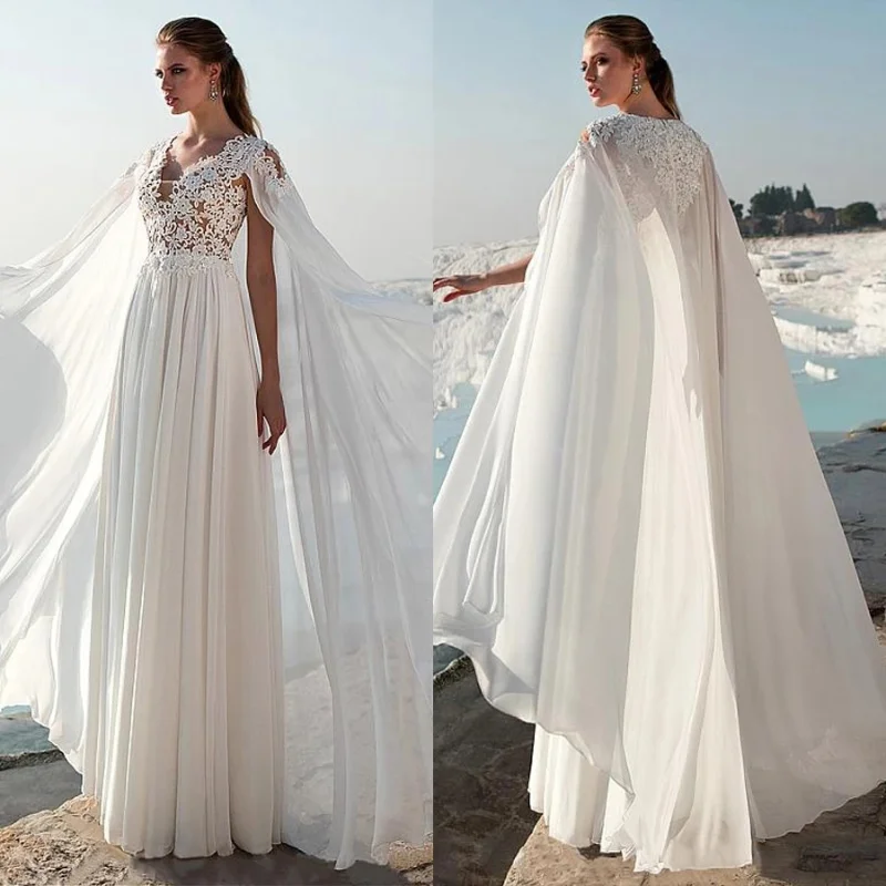 Fashionable Chiffon V-neck Neckline A-line Wedding Dress with Lace Appliques Cloak Beach Bridal Dress Vestido De Noiva
Fashionable Chiffon V-neck Neckline A-line Wedding Dress with Lace Appliques Cloak Beach Bridal Dress Vestido De Noiva