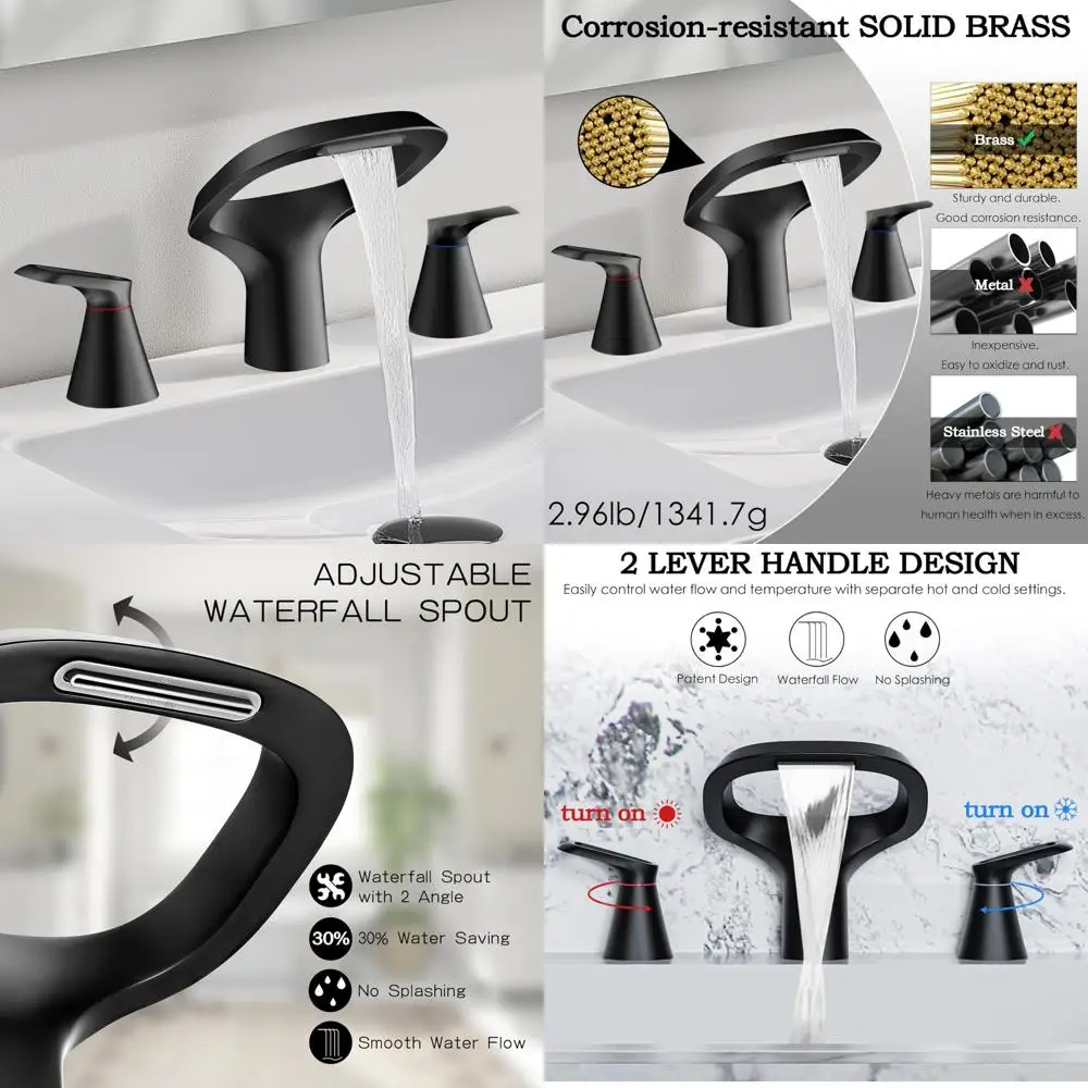 Modern Matte Black 3-Hole Bathroom Faucet with Adjustable Spout, 8 Inch Solid Brass Widespread Sink Faucet for Contemporary Styl
Modern Matte Black 3-Hole Bathroom Faucet with Adjustable Spout, 8 Inch Solid Brass Widespread Sink Faucet for Contemporary Styl