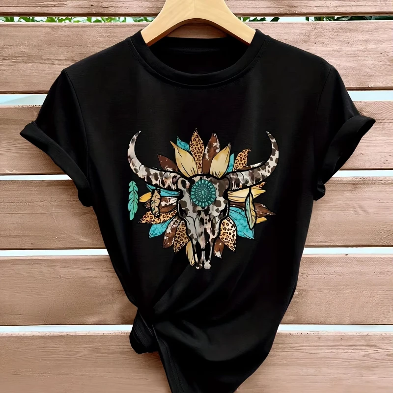 Cow Head Printed T-shirt Unique Short Sleeve Crew Neck Casual Top for Summer Spring Women's Fashion Graphic Aesthetic Clothing
Cow Head Printed T-shirt Unique Short Sleeve Crew Neck Casual Top for Summer Spring Women's Fashion Graphic Aesthetic Clothing