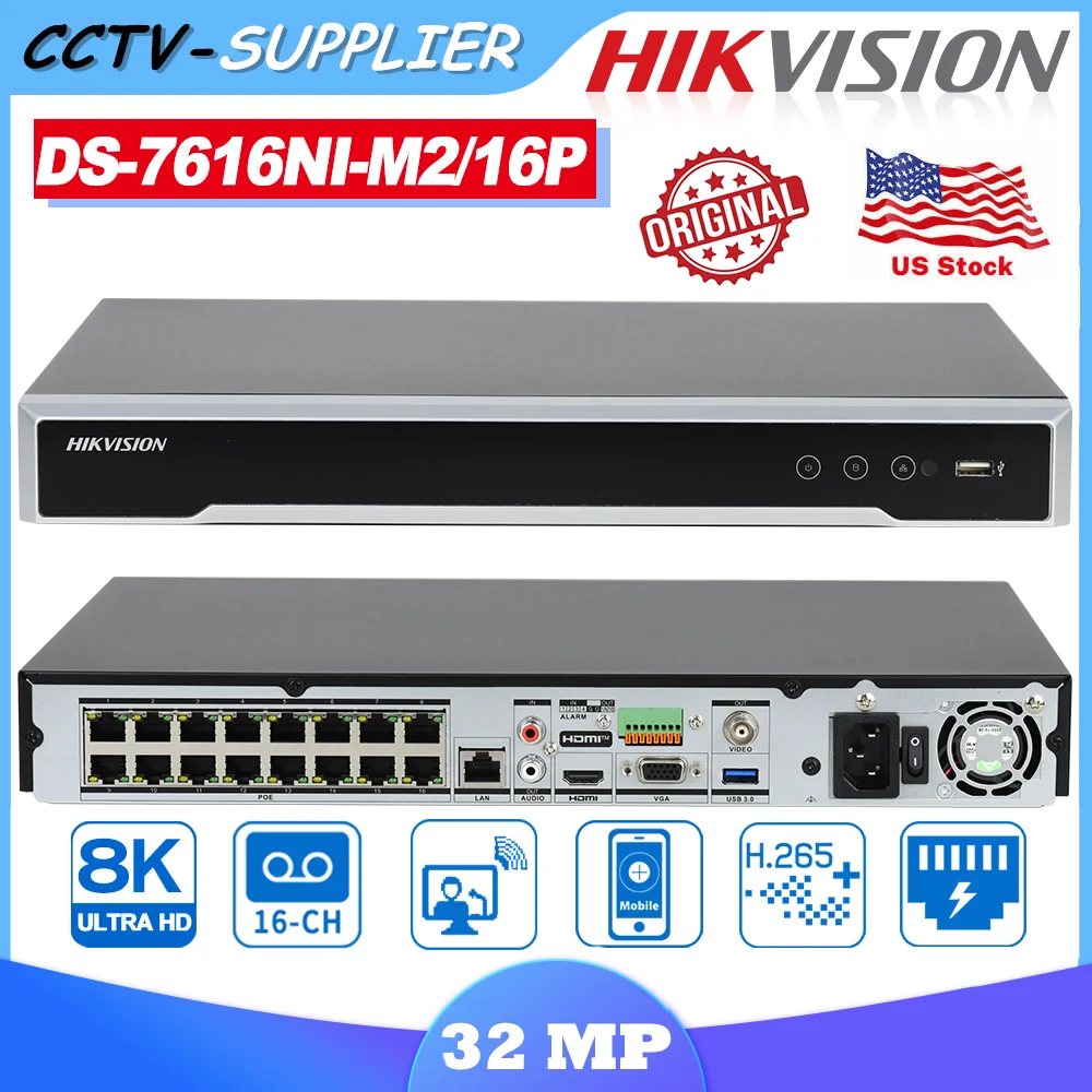 Hikvision 8K NVR DS-7616NI-M2/16P 16Channels M-Series 2-Bay 1U 2HDD 16-PoE NVR H265 HDMI VGA Network Video Recorder
Hikvision 8K NVR DS-7616NI-M2/16P 16Channels M-Series 2-Bay 1U 2HDD 16-PoE NVR H265 HDMI VGA Network Video Recorder