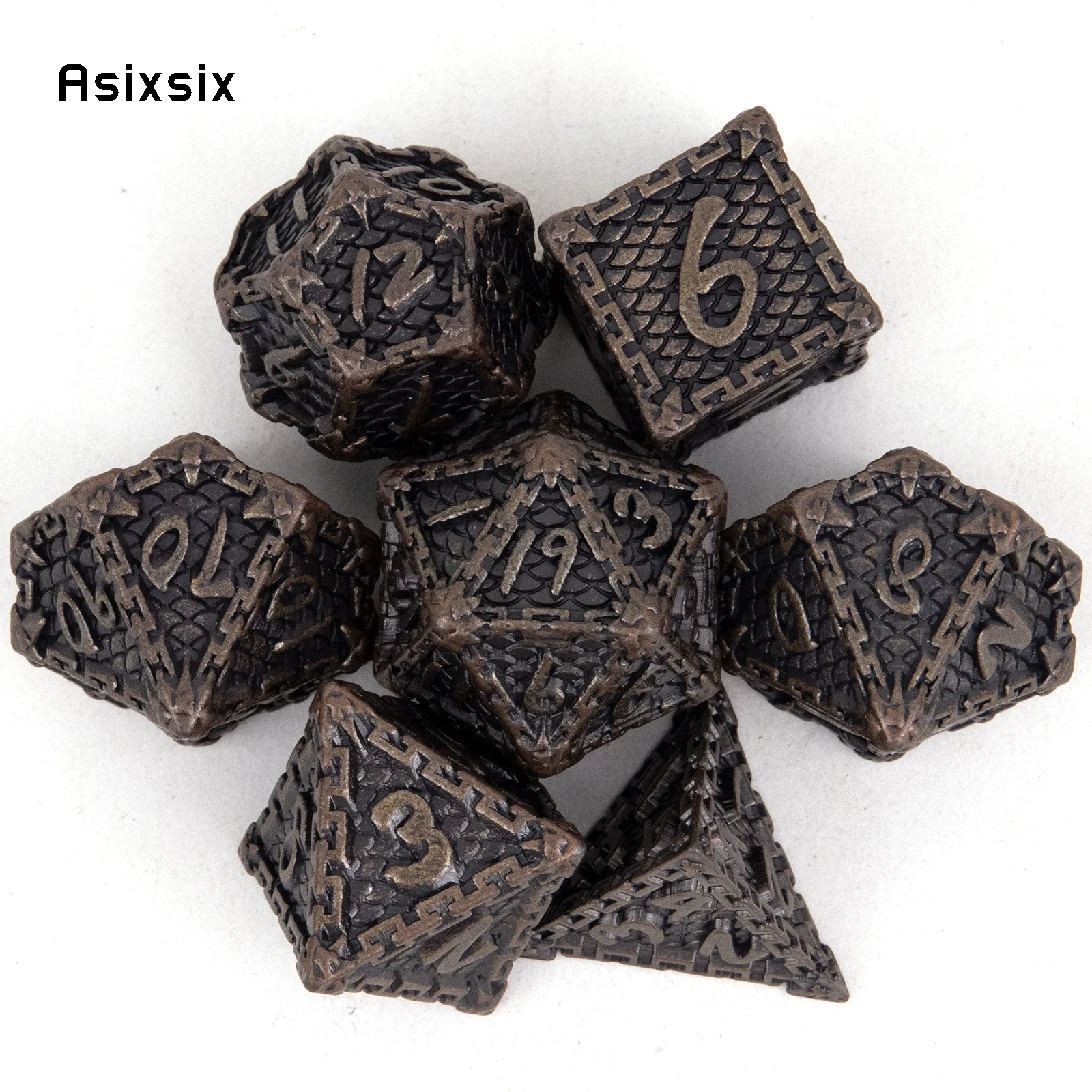 7 Pcs Brown Fish Scale Metal Dice Solid Metal Polyhedral Dice Set Suitable for Role-Playing RPG Board Game Card Game
