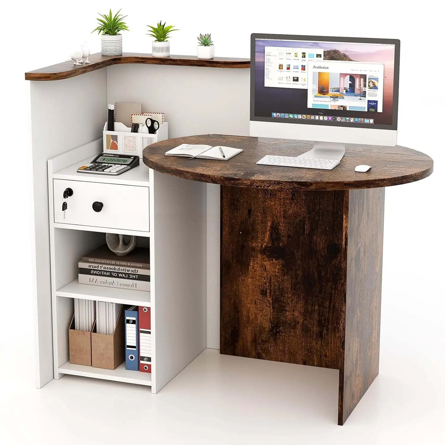 Reception Desk, Small Retail Checkout Counter with Lockable Drawer and Open Shelves, Wooden Computer Workstation, Customized
Reception Desk, Small Retail Checkout Counter with Lockable Drawer and Open Shelves, Wooden Computer Workstation, Customized