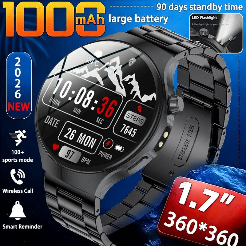 2026 New 1000mAh Battery Outdoor Ultra Durable Men Smartwatch Flashlight Heart Rate Bluetooth Call Waterproof Sports Smart Watch
2026 New 1000mAh Battery Outdoor Ultra Durable Men Smartwatch Flashlight Heart Rate Bluetooth Call Waterproof Sports Smart Watch