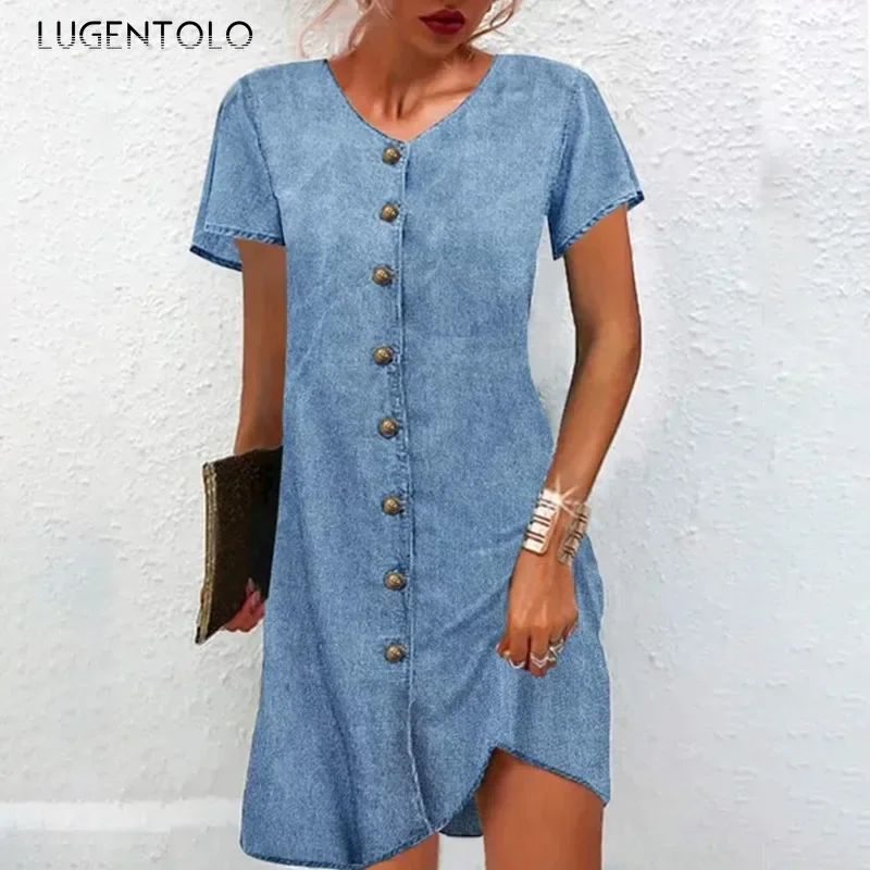 Shirt Sweet Denim Dress Women Short Sleeve V-neck Single-breasted Female Casual Solid Summer New Street Mini Cloth
Shirt Sweet Denim Dress Women Short Sleeve V-neck Single-breasted Female Casual Solid Summer New Street Mini Cloth