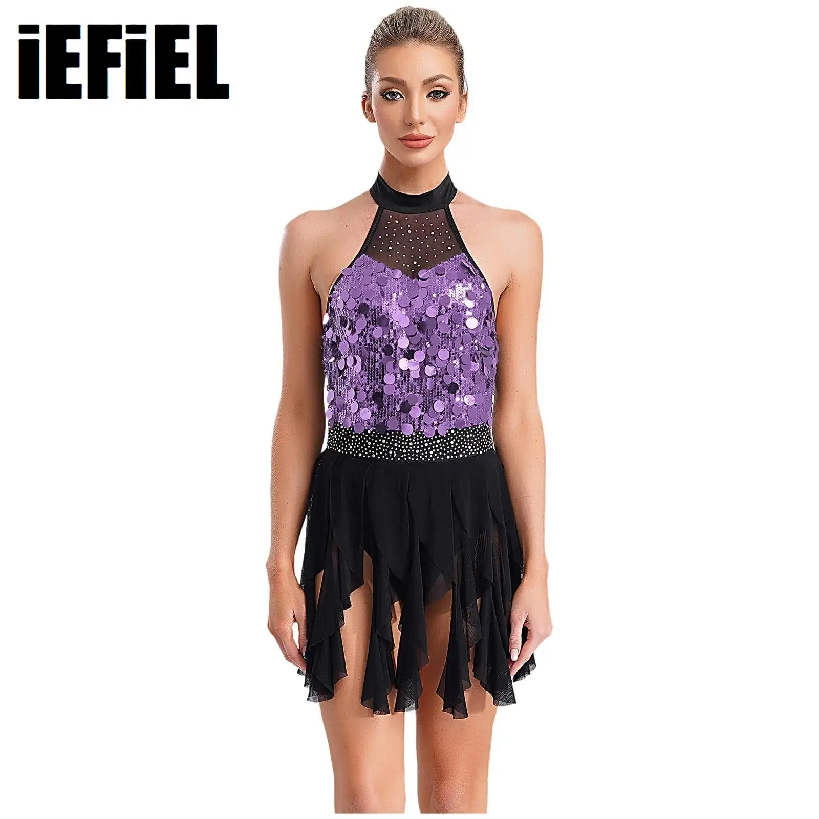 Women Sequin Ballet Dance Leotard Sleeveless Halter Neck Rhinestones Adorned Ruffle Overlay Leotard for Performance Competition
Women Sequin Ballet Dance Leotard Sleeveless Halter Neck Rhinestones Adorned Ruffle Overlay Leotard for Performance Competition
