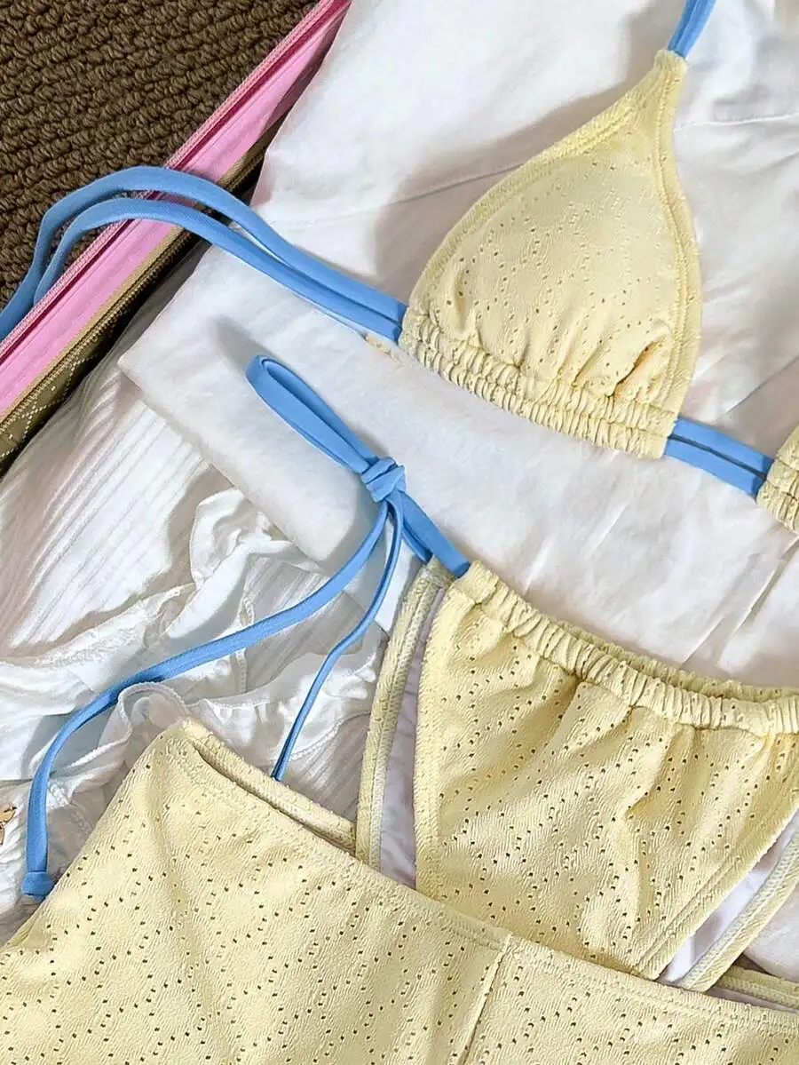 3 Piece Yellow Swimwear Set With Blue Side Tie Halter Top
3 Piece Yellow Swimwear Set With Blue Side Tie Halter Top