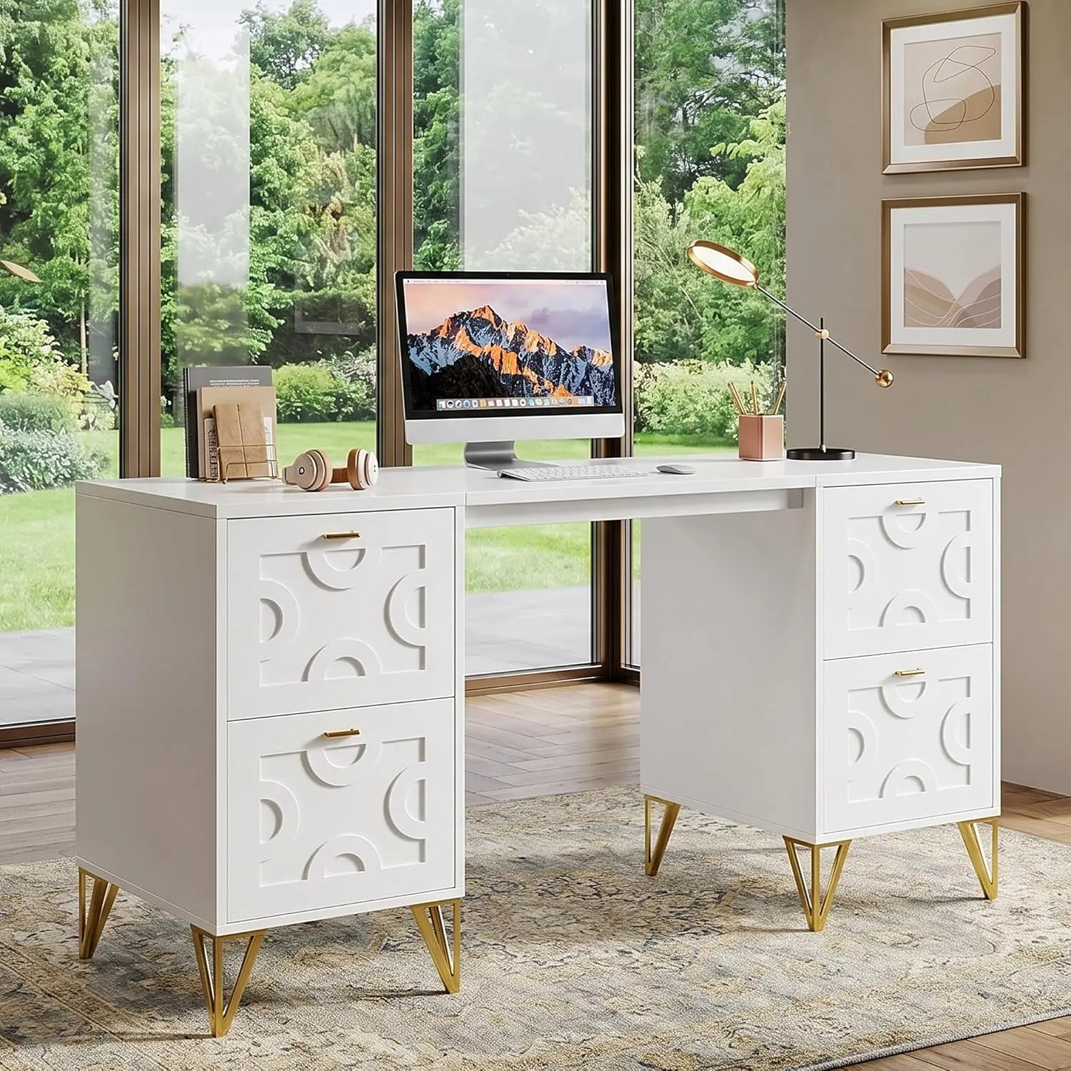 Executive Desk with 4 File Drawers, 59" White & Gold Home Office Desk with Storage, Modern Computer Workstation, Customized
Executive Desk with 4 File Drawers, 59" White & Gold Home Office Desk with Storage, Modern Computer Workstation, Customized