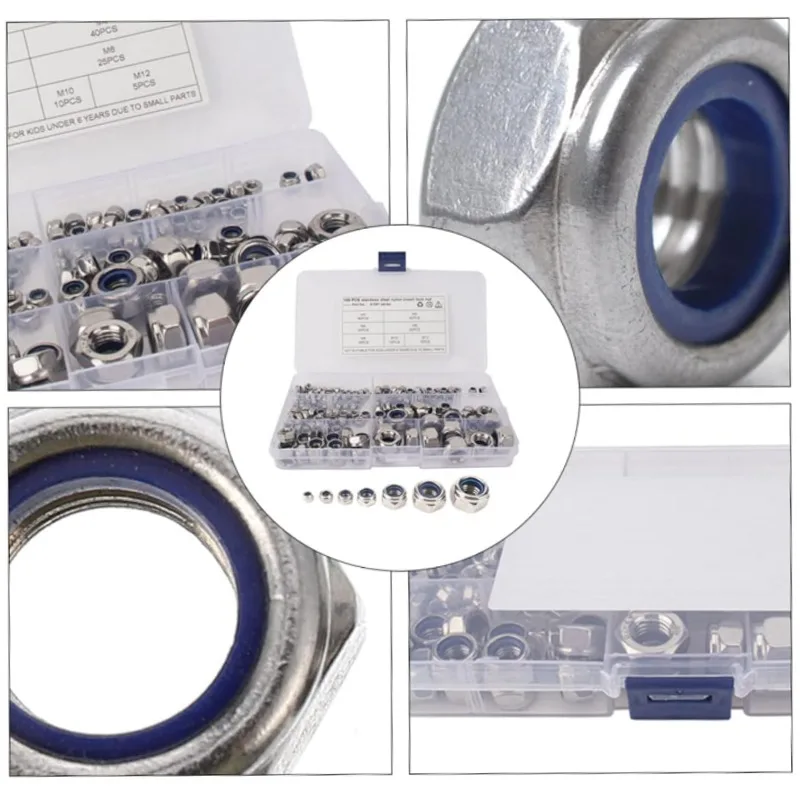 365pcs 304 Stainless Steel Hexagonal Locknuts with Blue Nylon Self-Locking Nylon Insert Nuts M3 M4 M5 M6 M8 M10 Fastener Kit
365pcs 304 Stainless Steel Hexagonal Locknuts with Blue Nylon Self-Locking Nylon Insert Nuts M3 M4 M5 M6 M8 M10 Fastener Kit